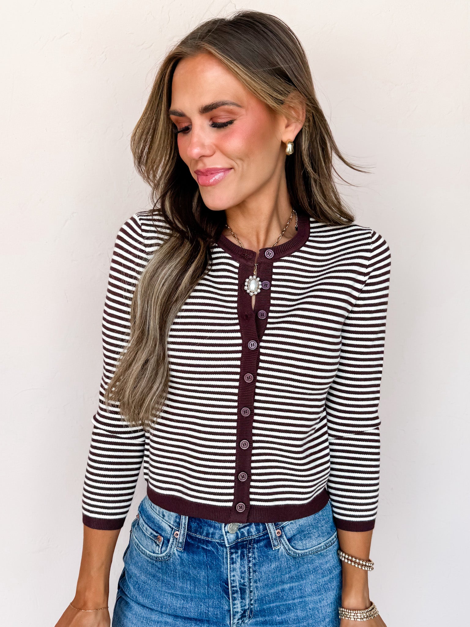 Casual Hangout Striped Button Front Cardigan-Brown Cream