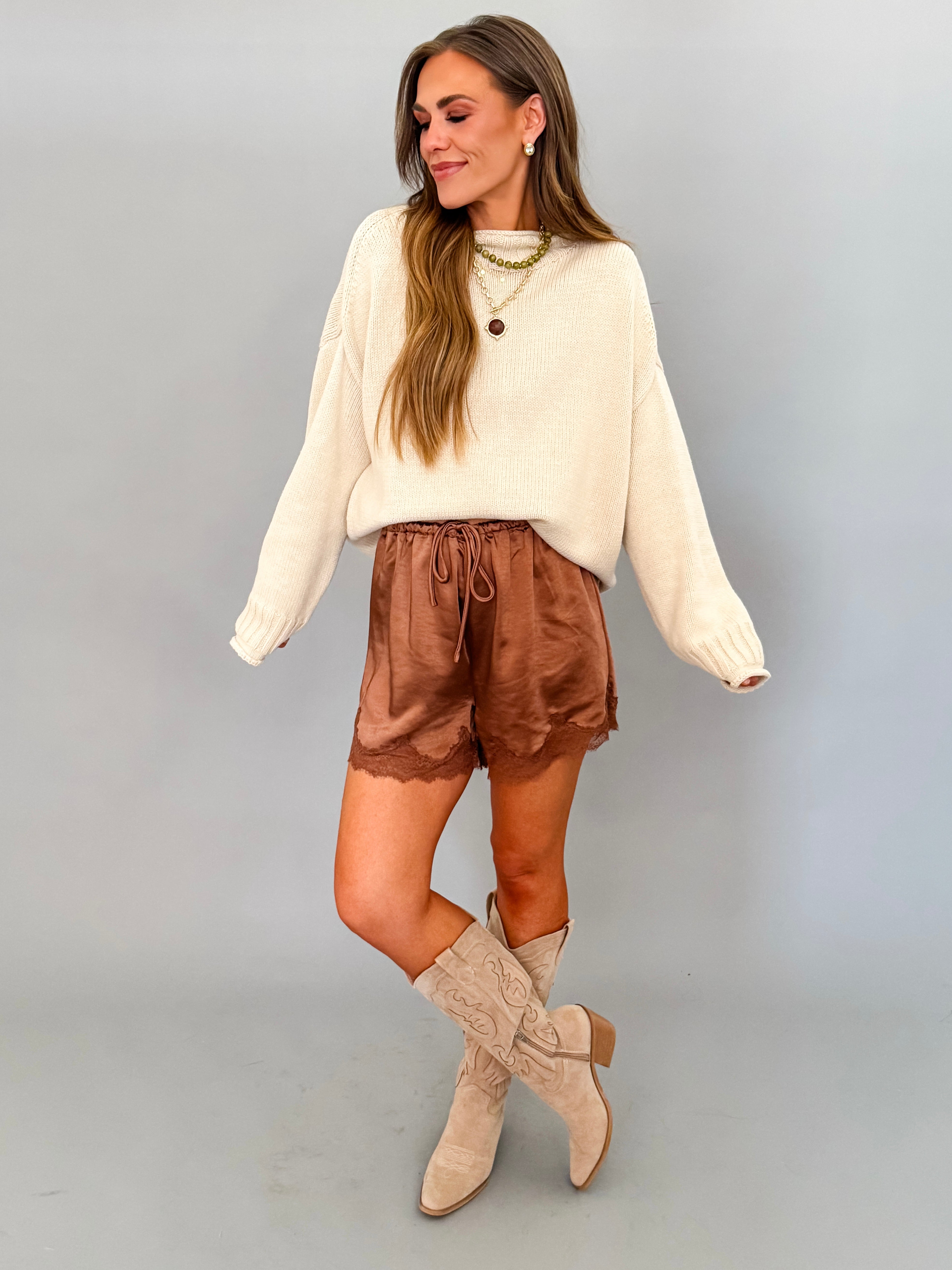 Cecilia Lace Trim Satin Drawstring Shorts-Chocolate