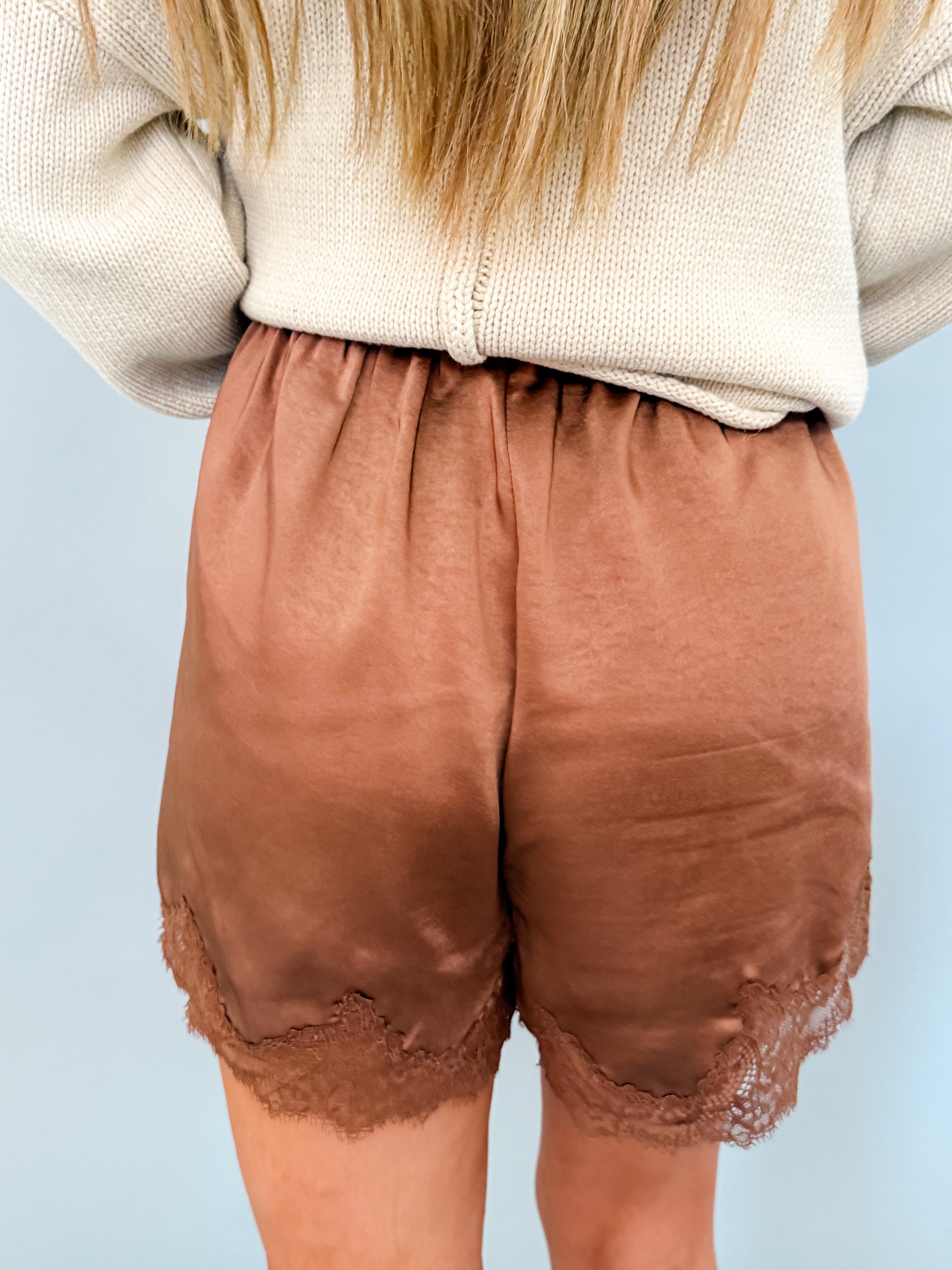 Cecilia Lace Trim Satin Drawstring Shorts-Chocolate