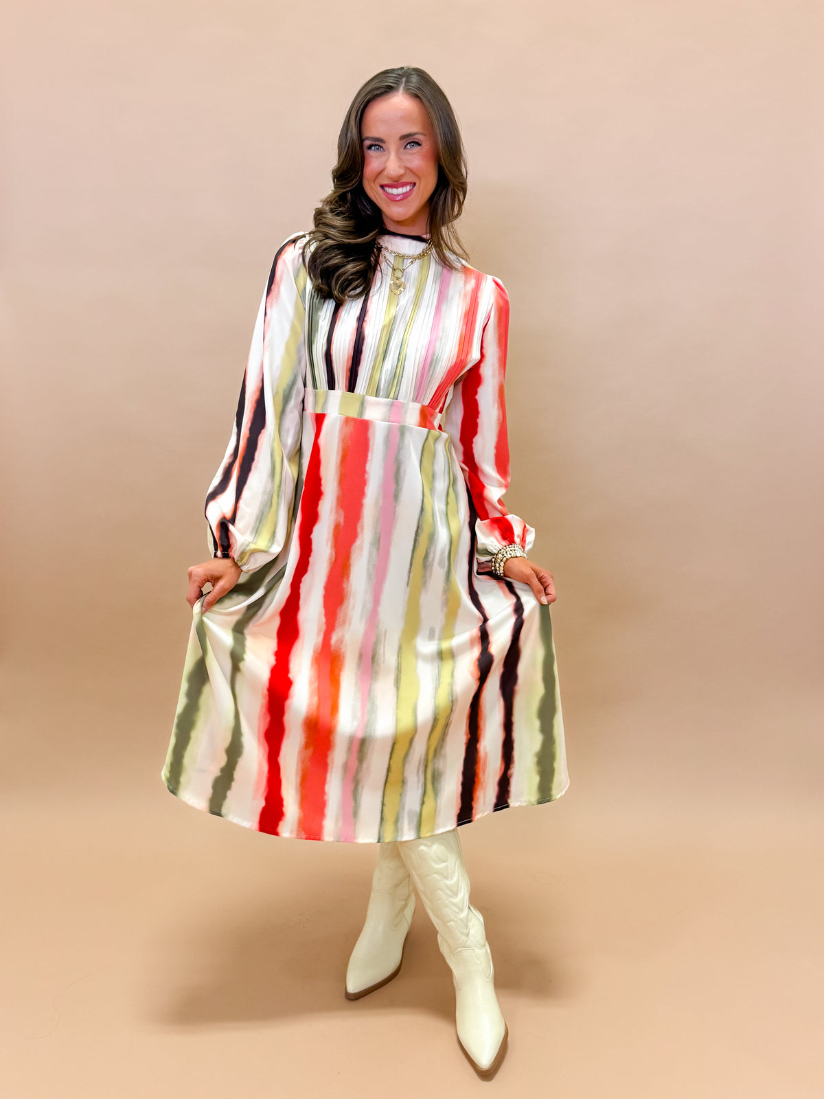 Chandler Striped Pleated Midi Dress