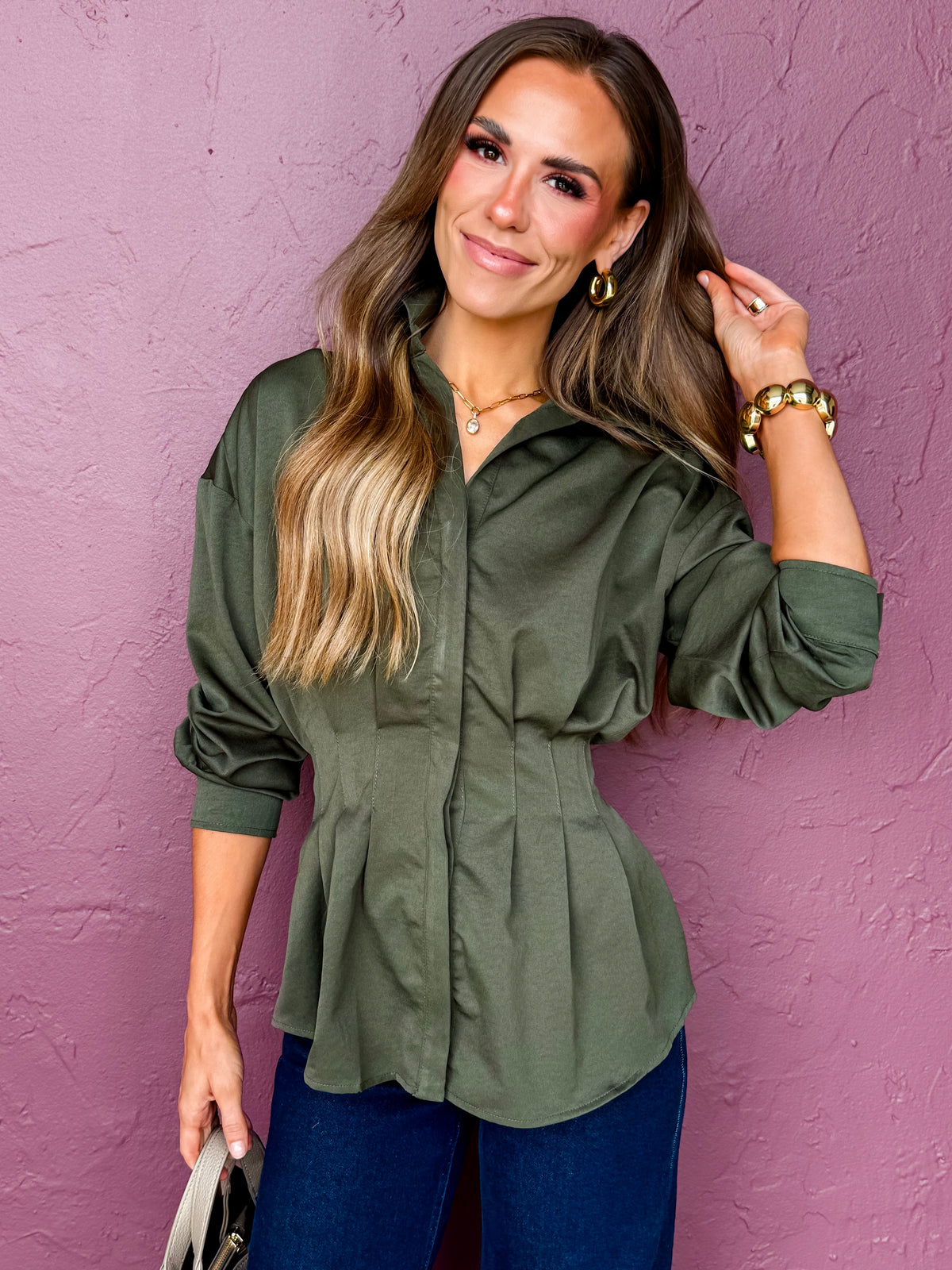Charlotte Pleated Waist Long Sleeve Shirt-Olive