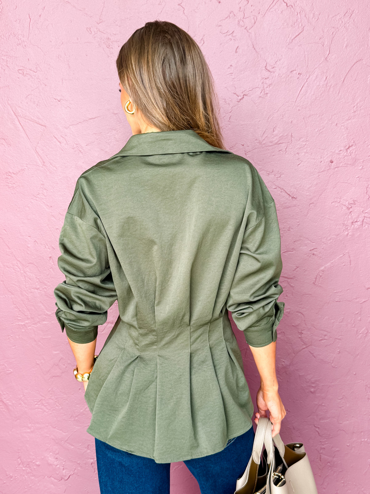 Charlotte Pleated Waist Long Sleeve Shirt-Olive