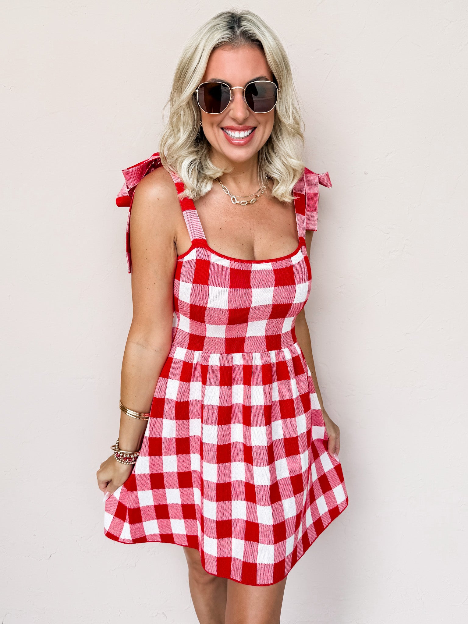 Cherry Check Darling Knit Babydoll Dress