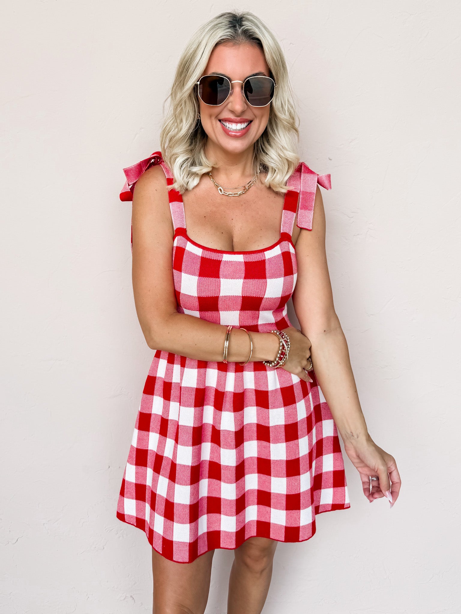 Cherry Check Darling Knit Babydoll Dress