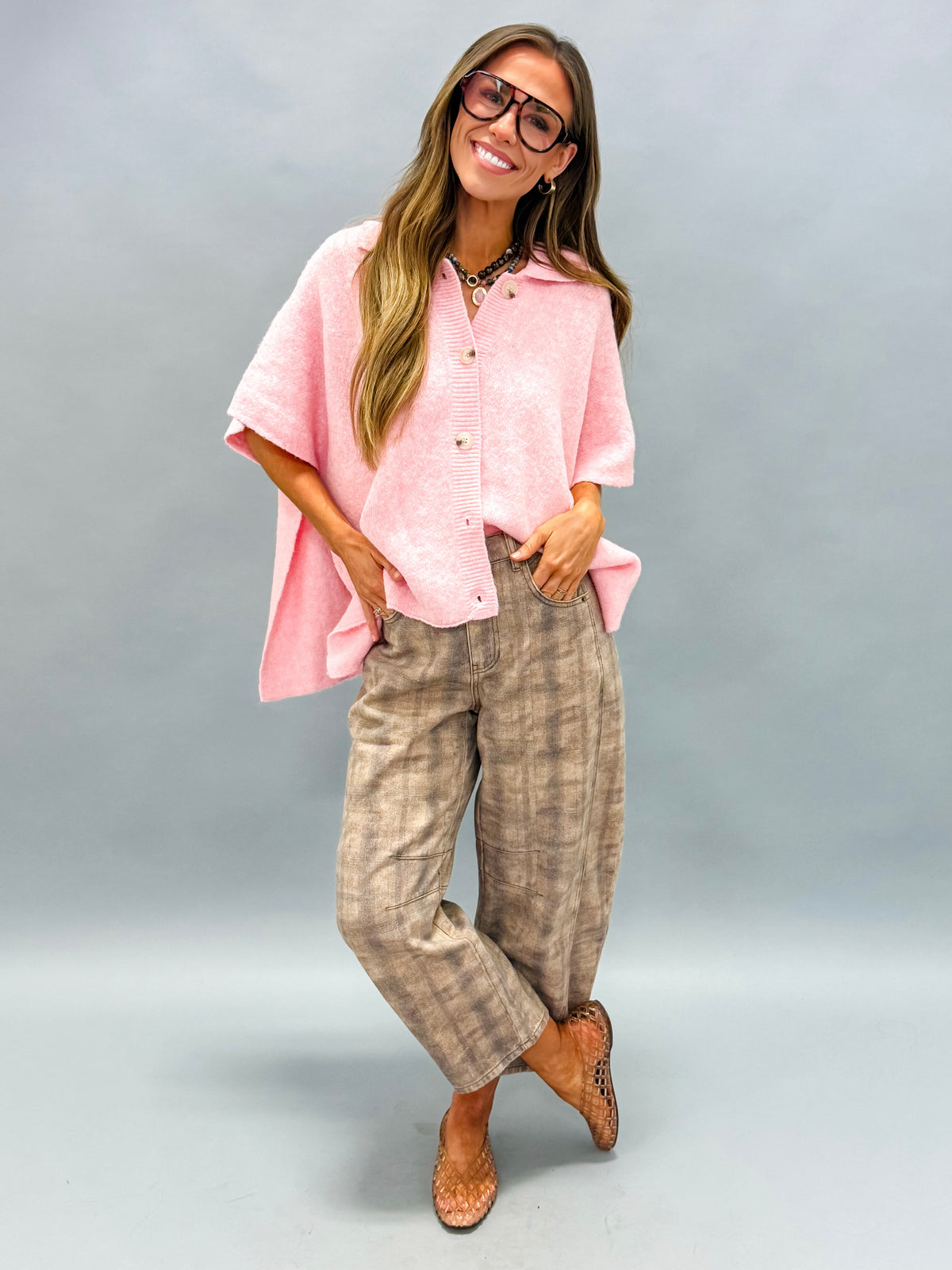 Cheyenne Button Up Cape Cardigan-Pink