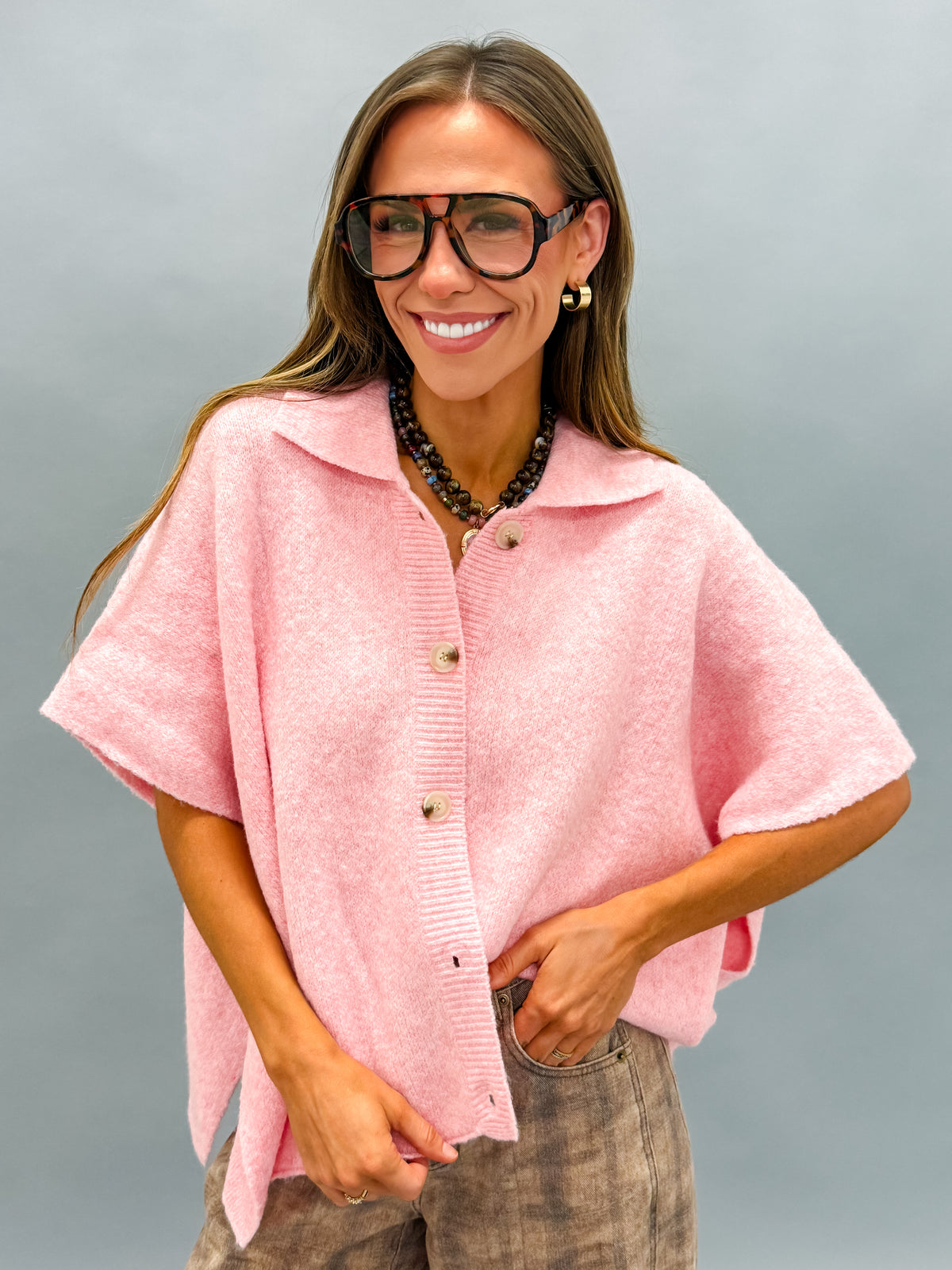 Cheyenne Button Up Cape Cardigan-Pink