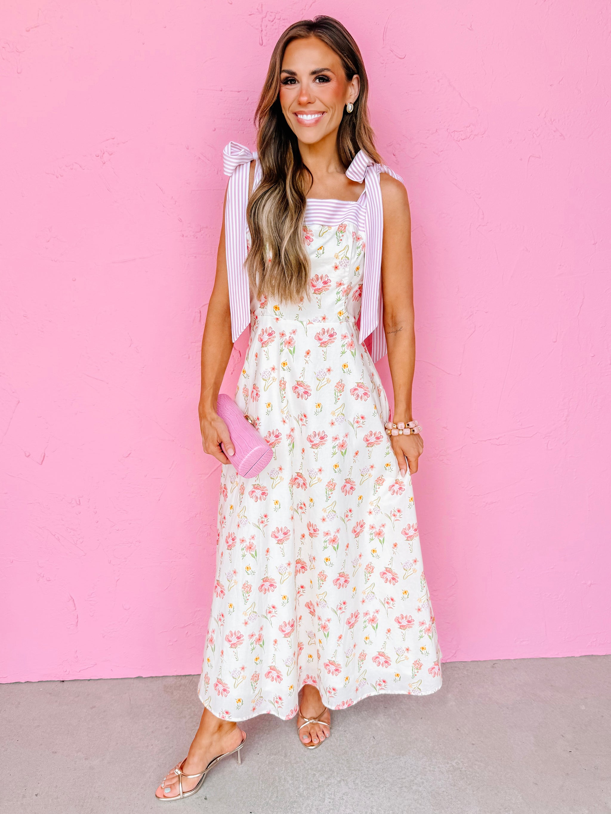 pink a line midi dress Christy Floral A Line Midi Dress