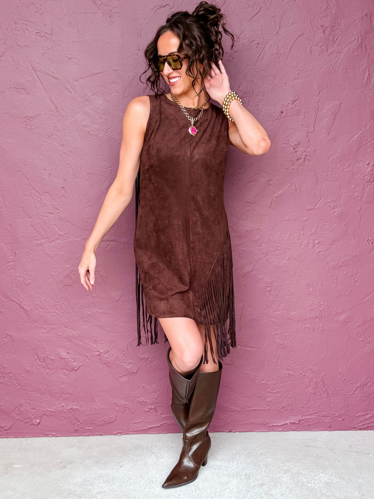 Clara Suede Asymmetric Fringe Mini Dress