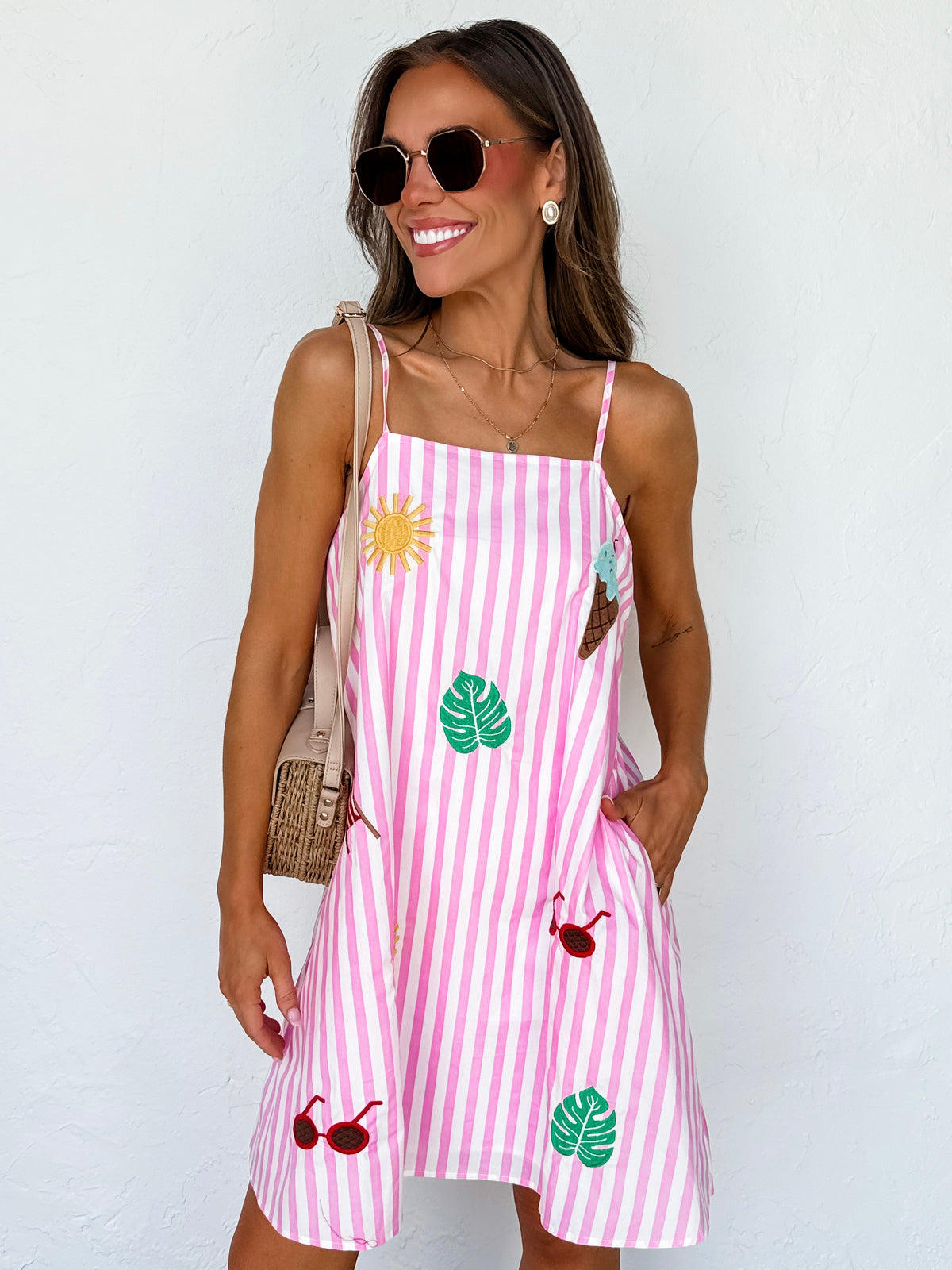 embroidered striped dress Codie Patch Mini Sizes for Perfect Fit:Medium this striped mini dress feature:CORSAGE/FLOWER Beach Wedding Outdoor Wedding