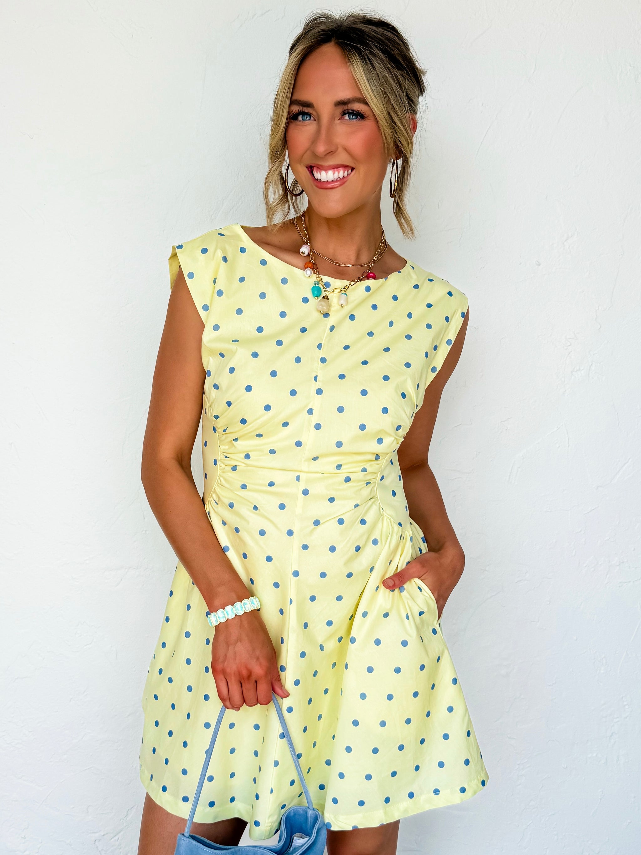 Cosette Polka Dot Summer Mini Dress-Yellow/Blue Large
