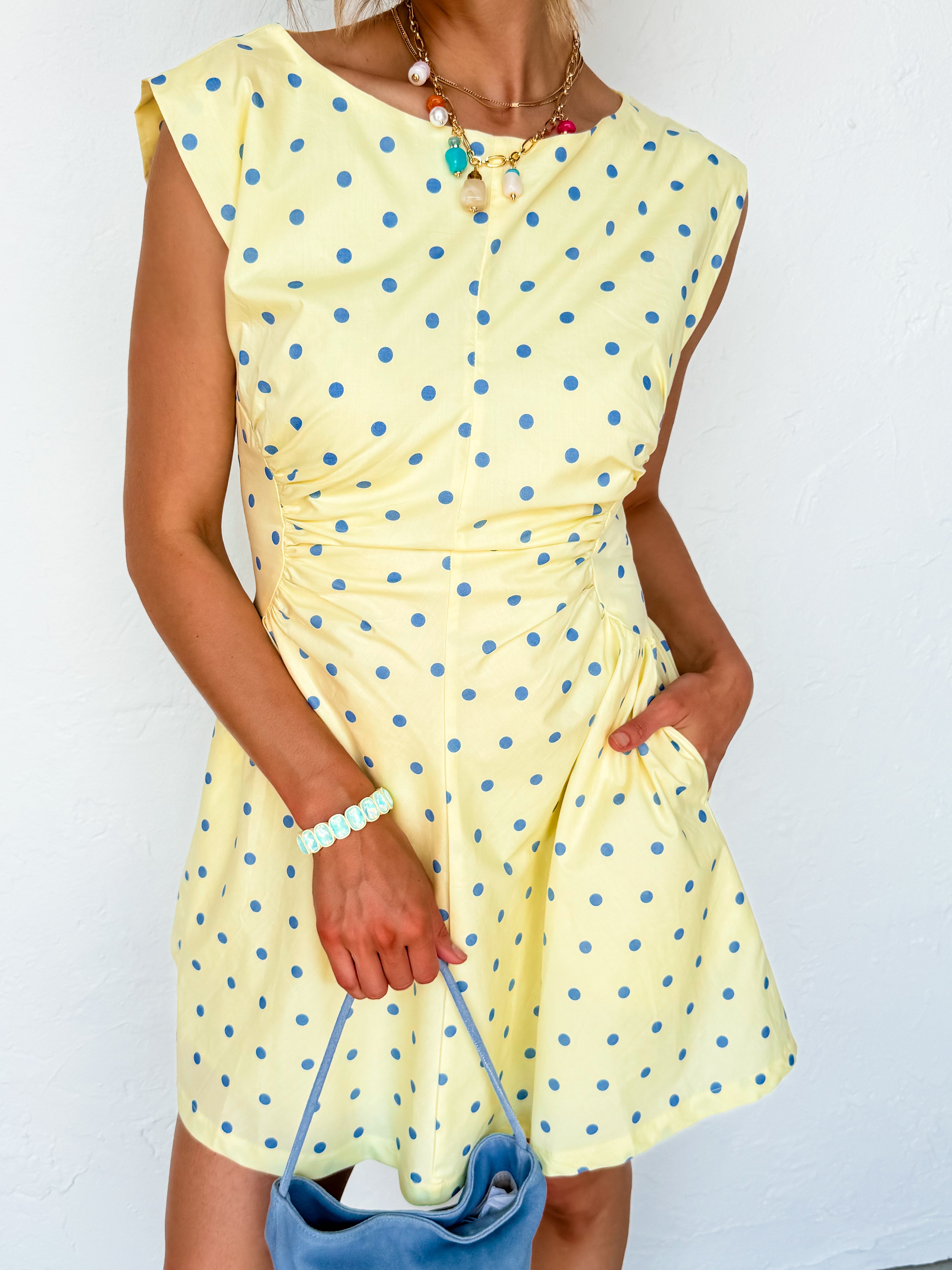 Cosette Polka Dot Summer Mini Dress-Yellow/Blue