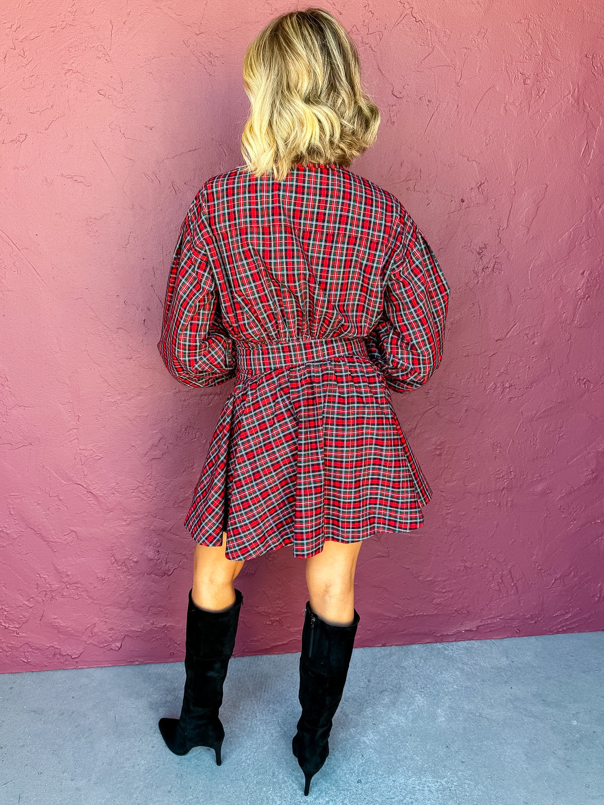 Cyndi Asymmetrical Ruched Plaid Wrap Shirt Dress