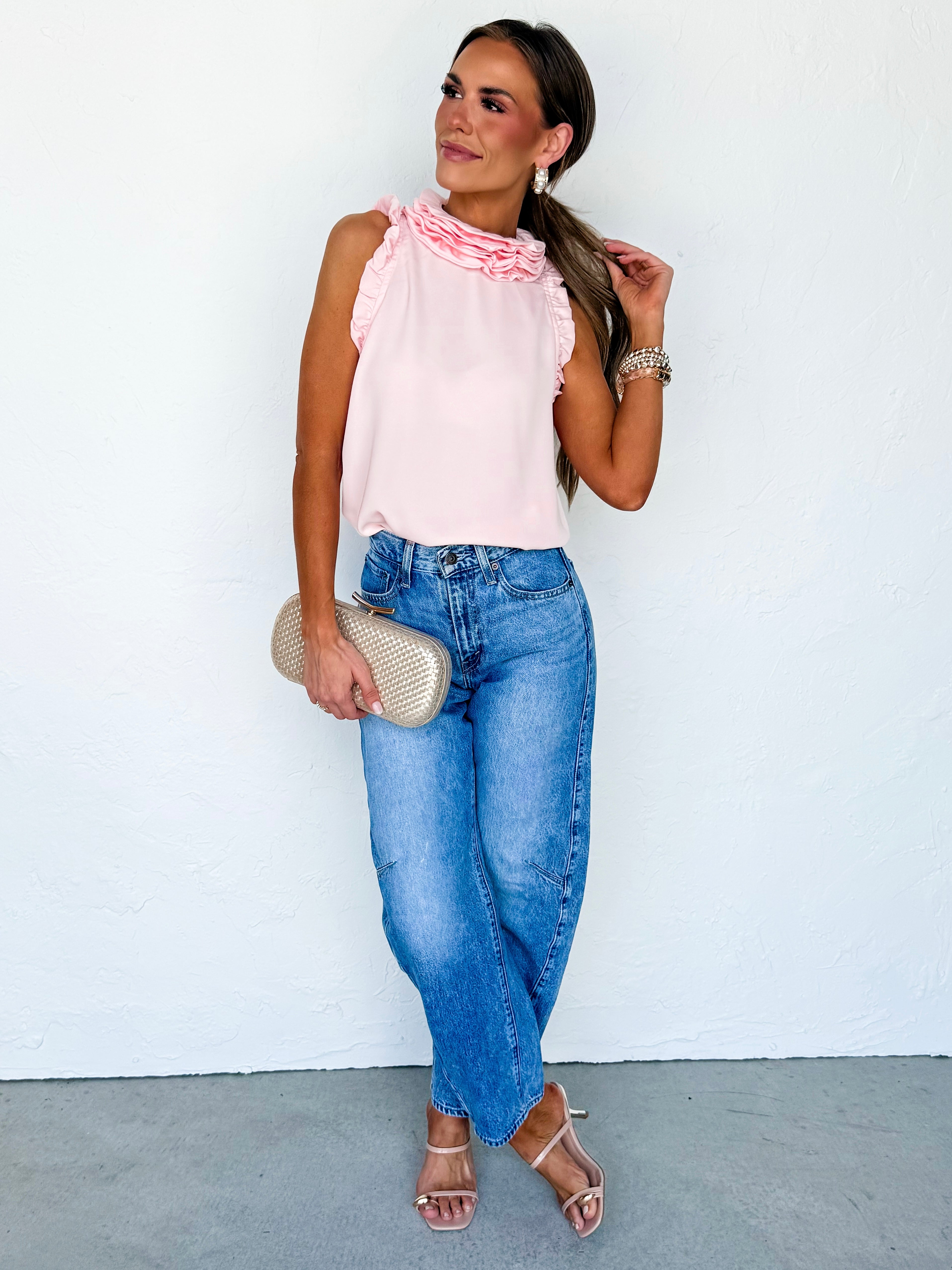 Dacie Ruffle Mock Neck Tank-Blush