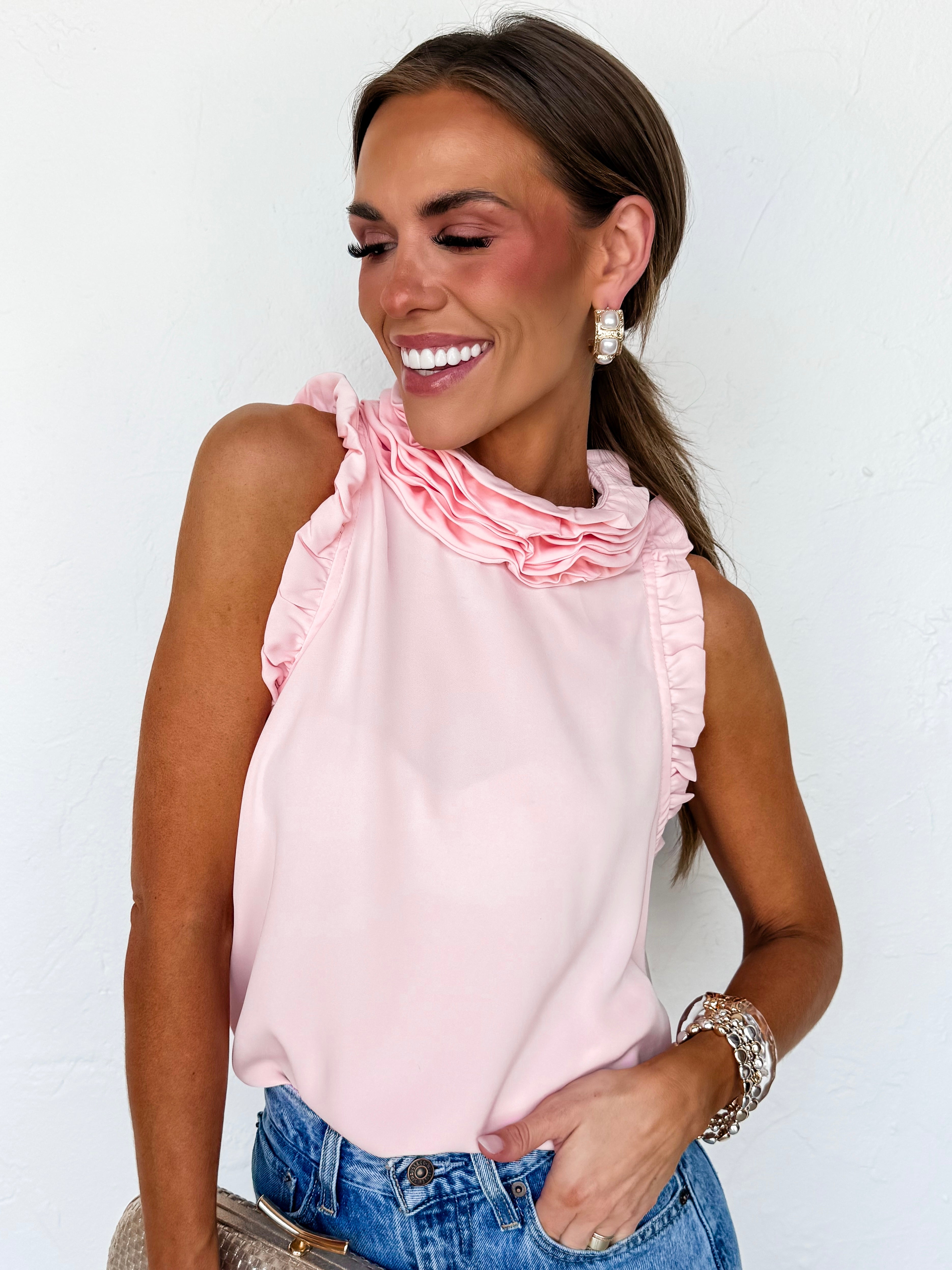Dacie Ruffle Mock Neck Tank-Blush