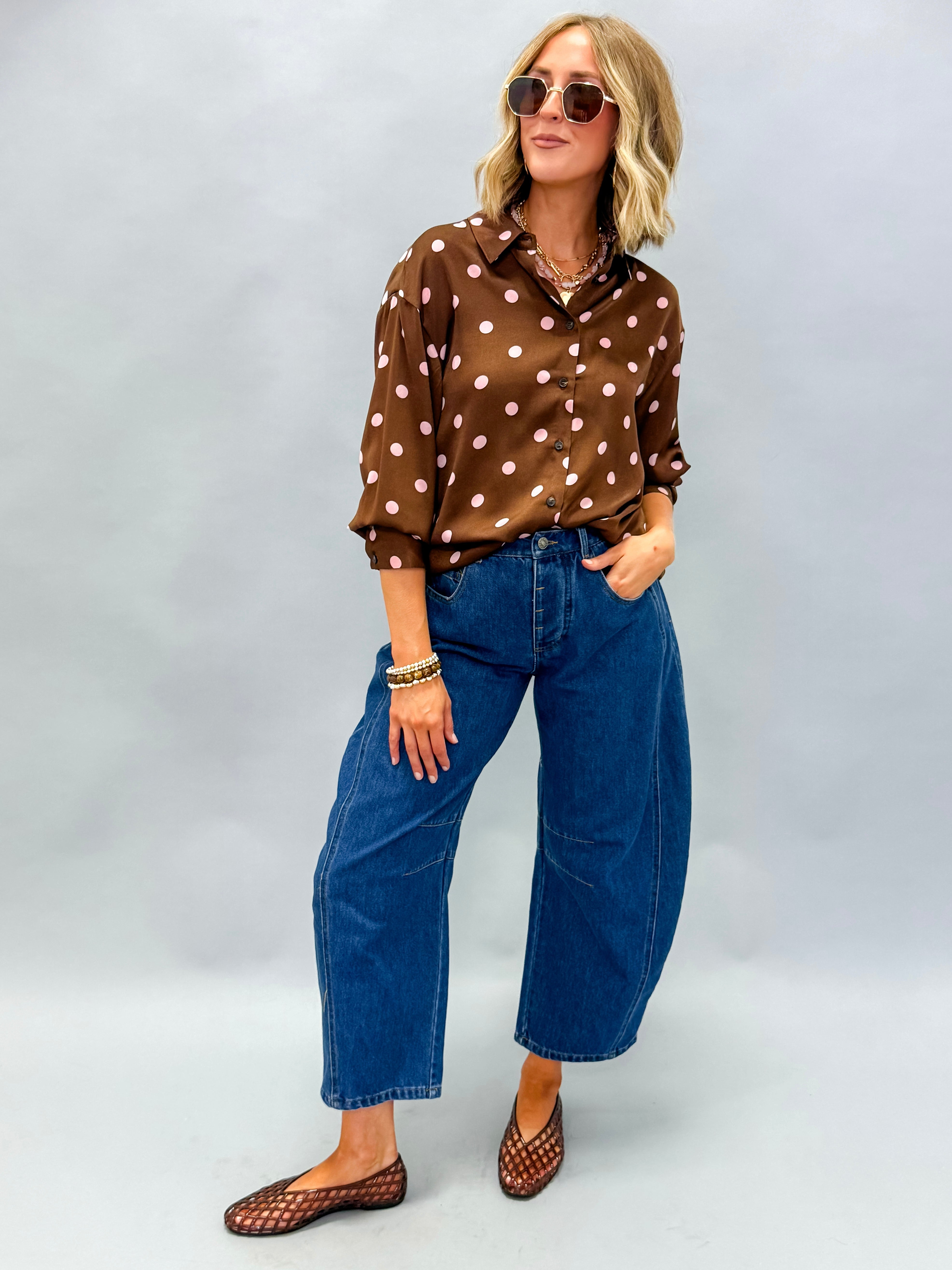 Darma Polka Dot Satin Button Front Top