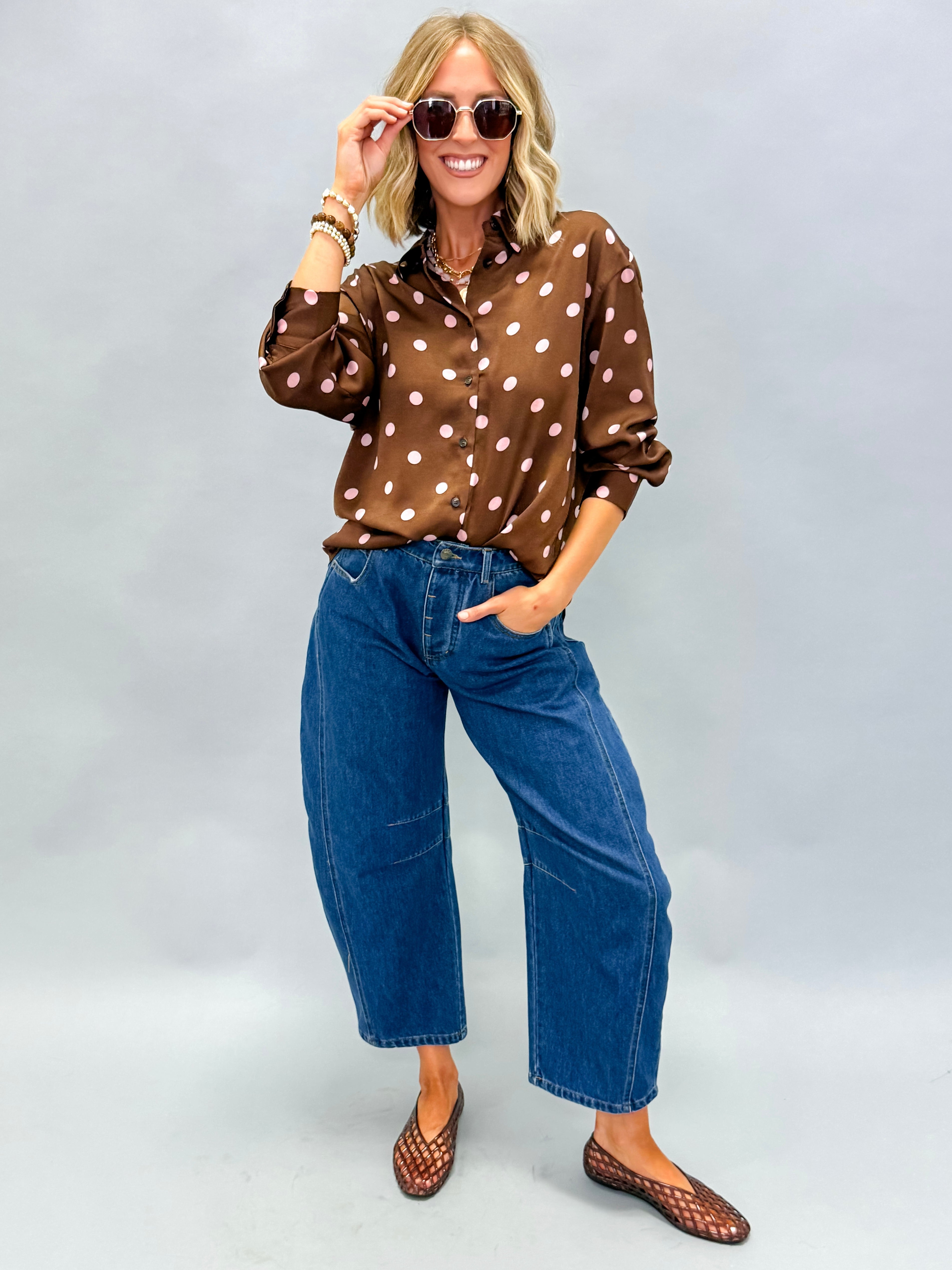 Darma Polka Dot Satin Button Front Top