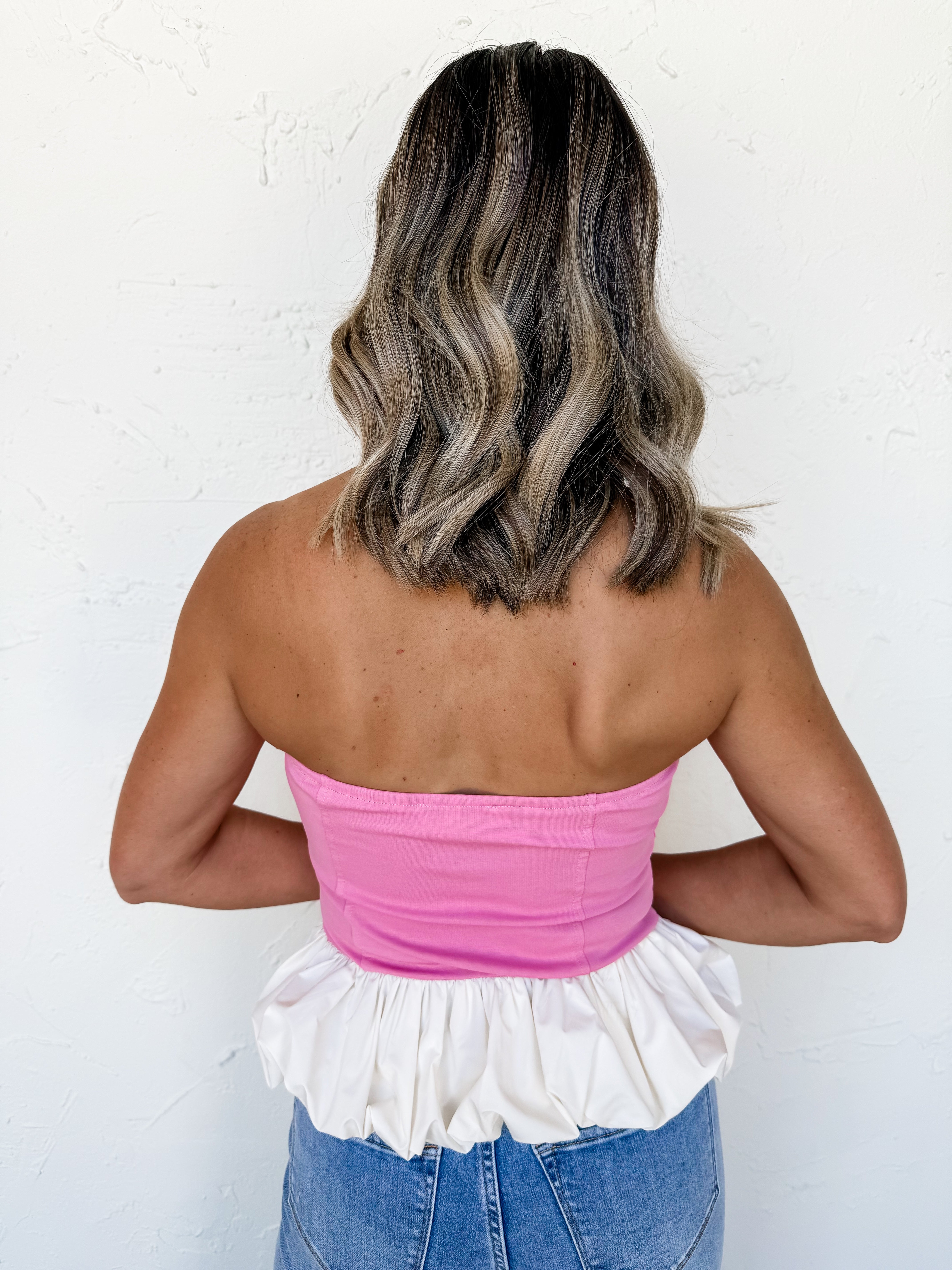 Date Night Strapless Bubble Hem Top-Mauve