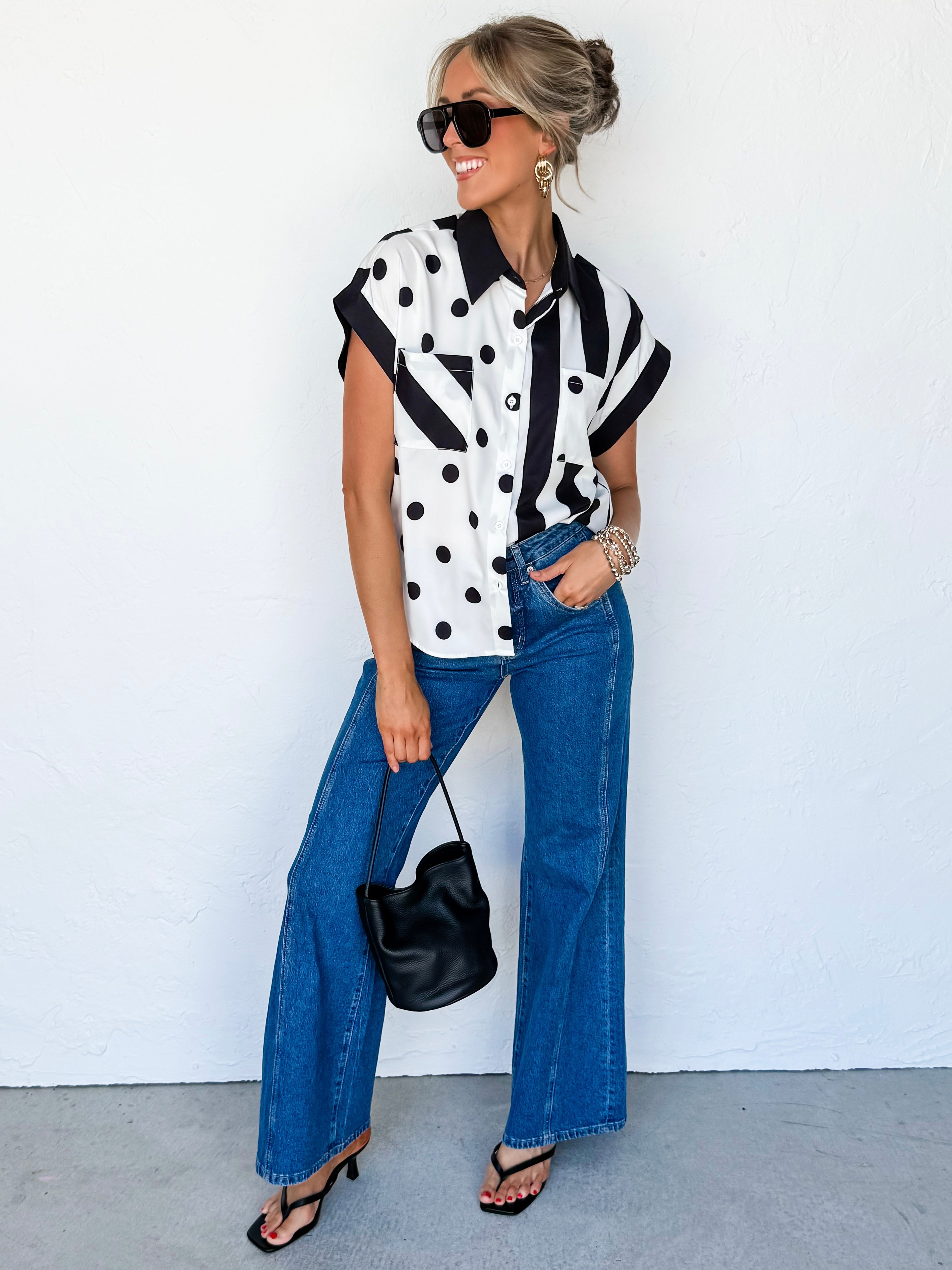 Debbie Dot And Stripe Button Front Top