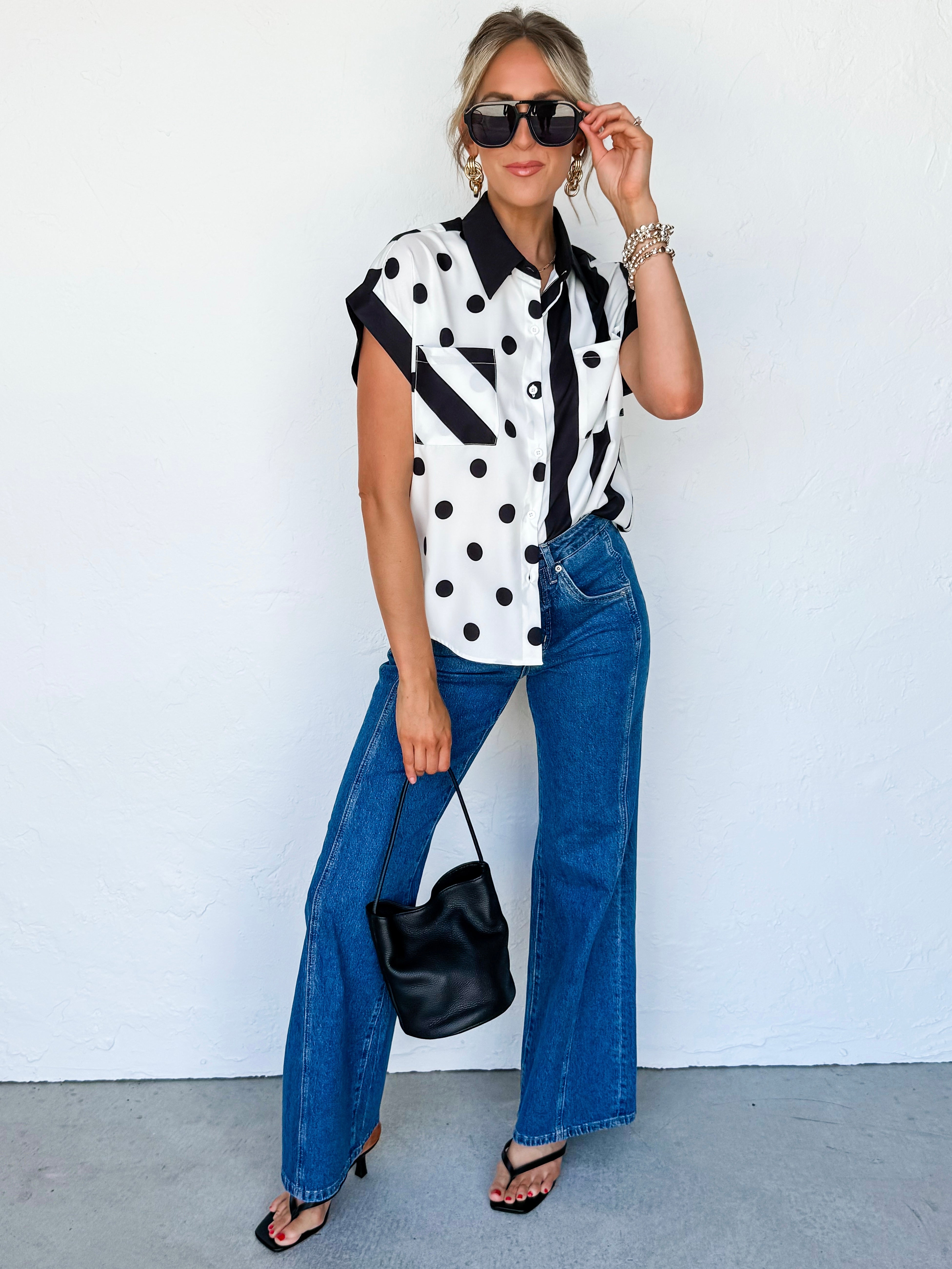 Debbie Dot And Stripe Button Front Top