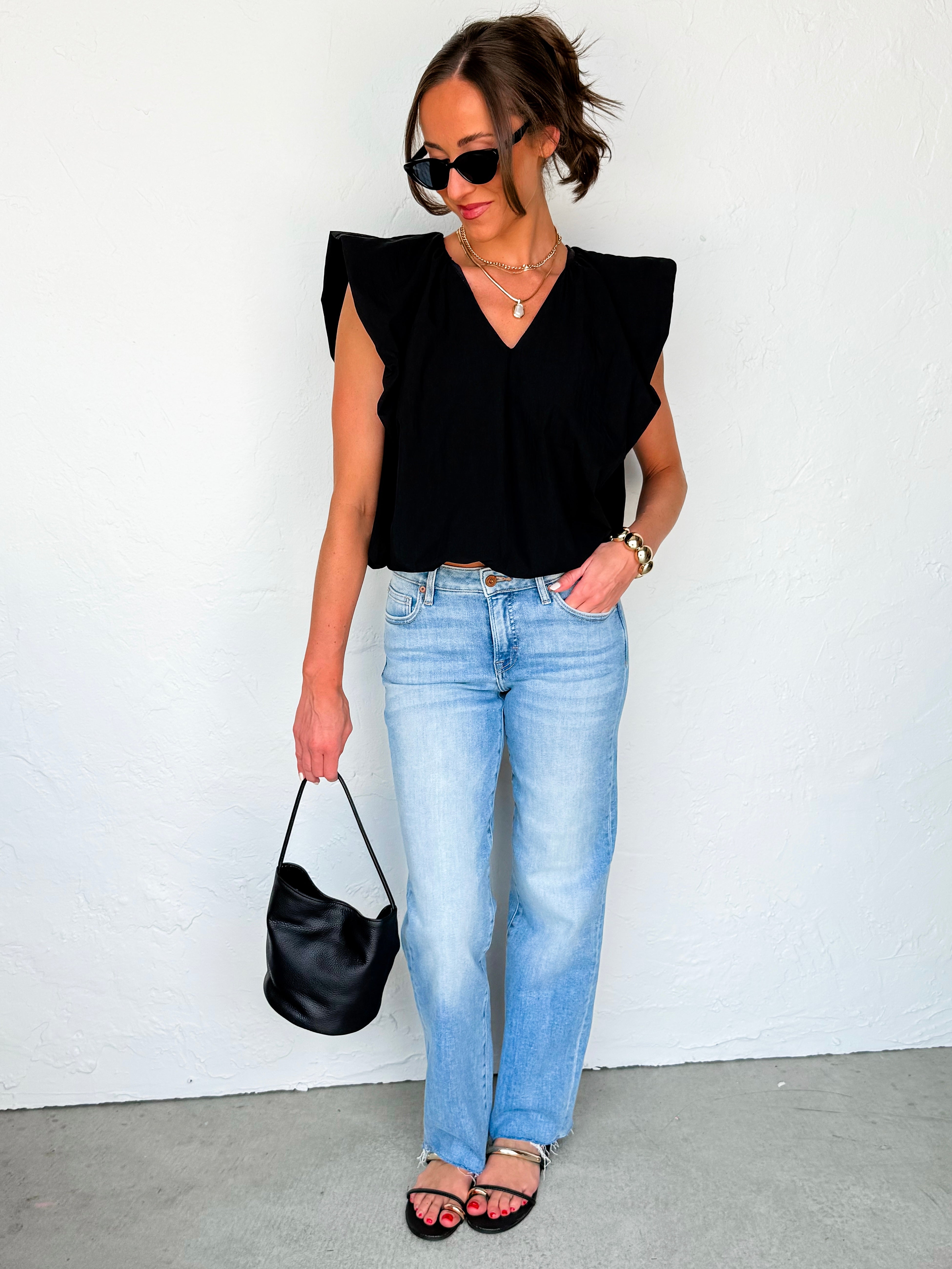 Diane V Neck Sleeveless Top-Black