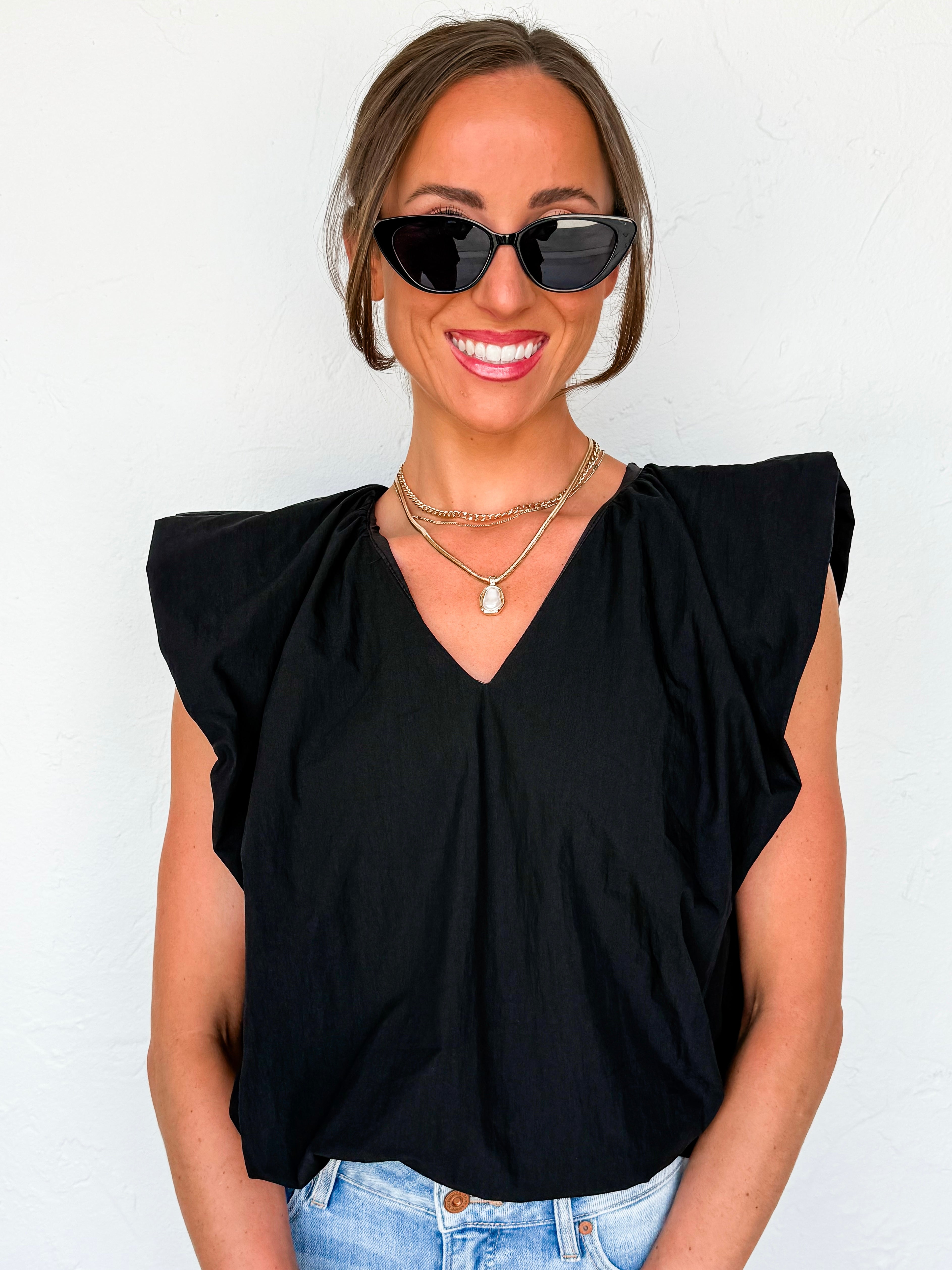Diane V Neck Sleeveless Top-Black