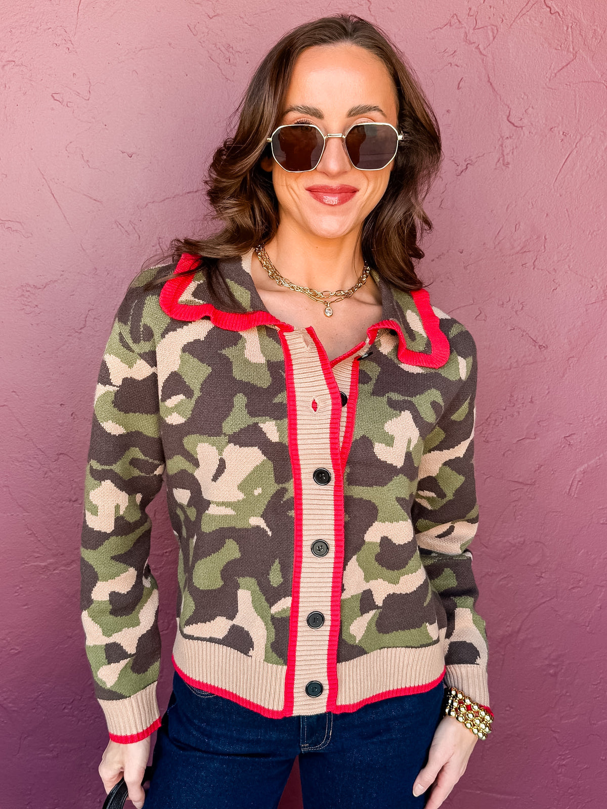 Dolly Ruffle Camo Cardigan