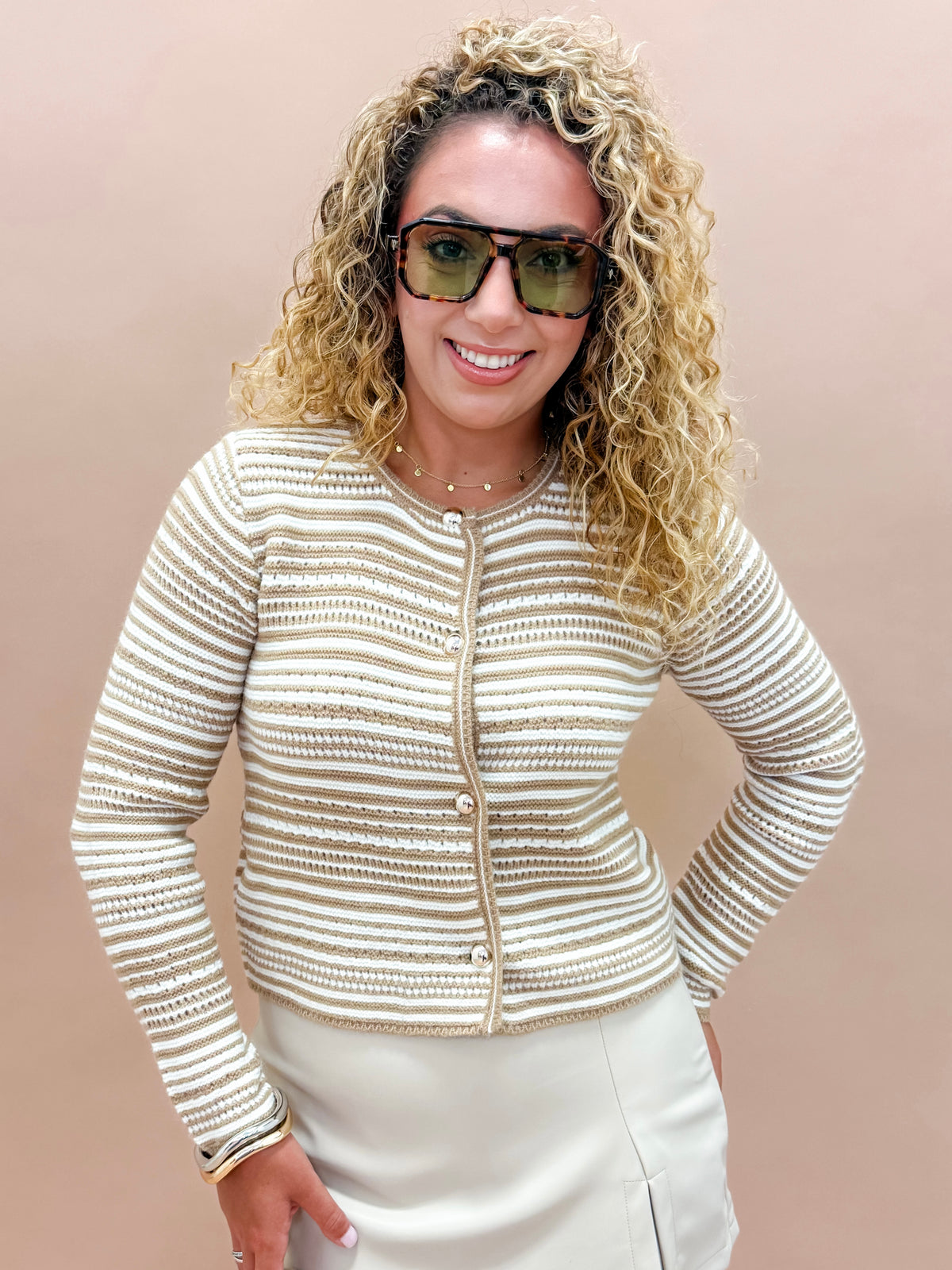 Edith Striped Cropped Cardigan-Khaki