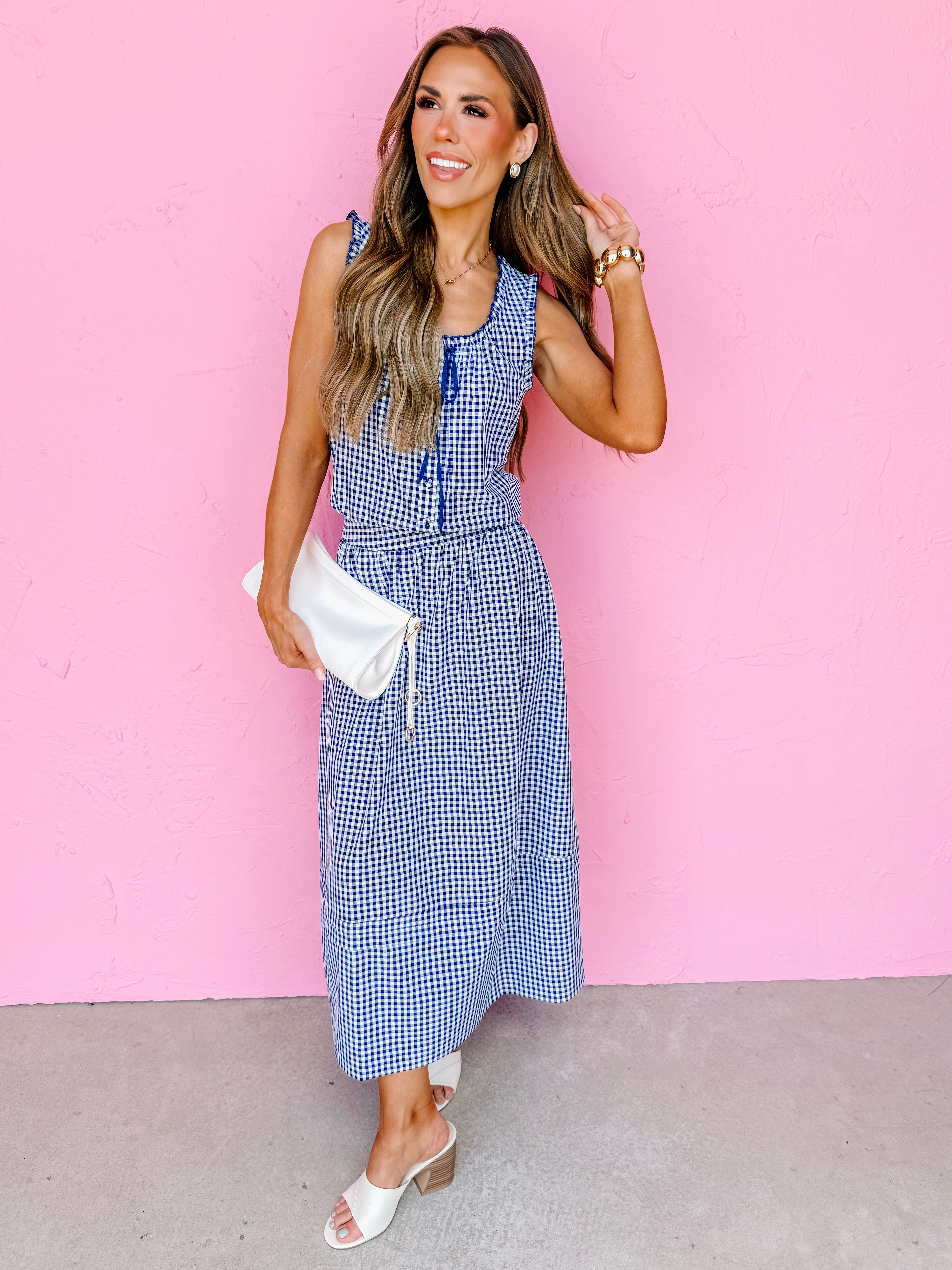 Elaina Button Front Gingham Top-Navy