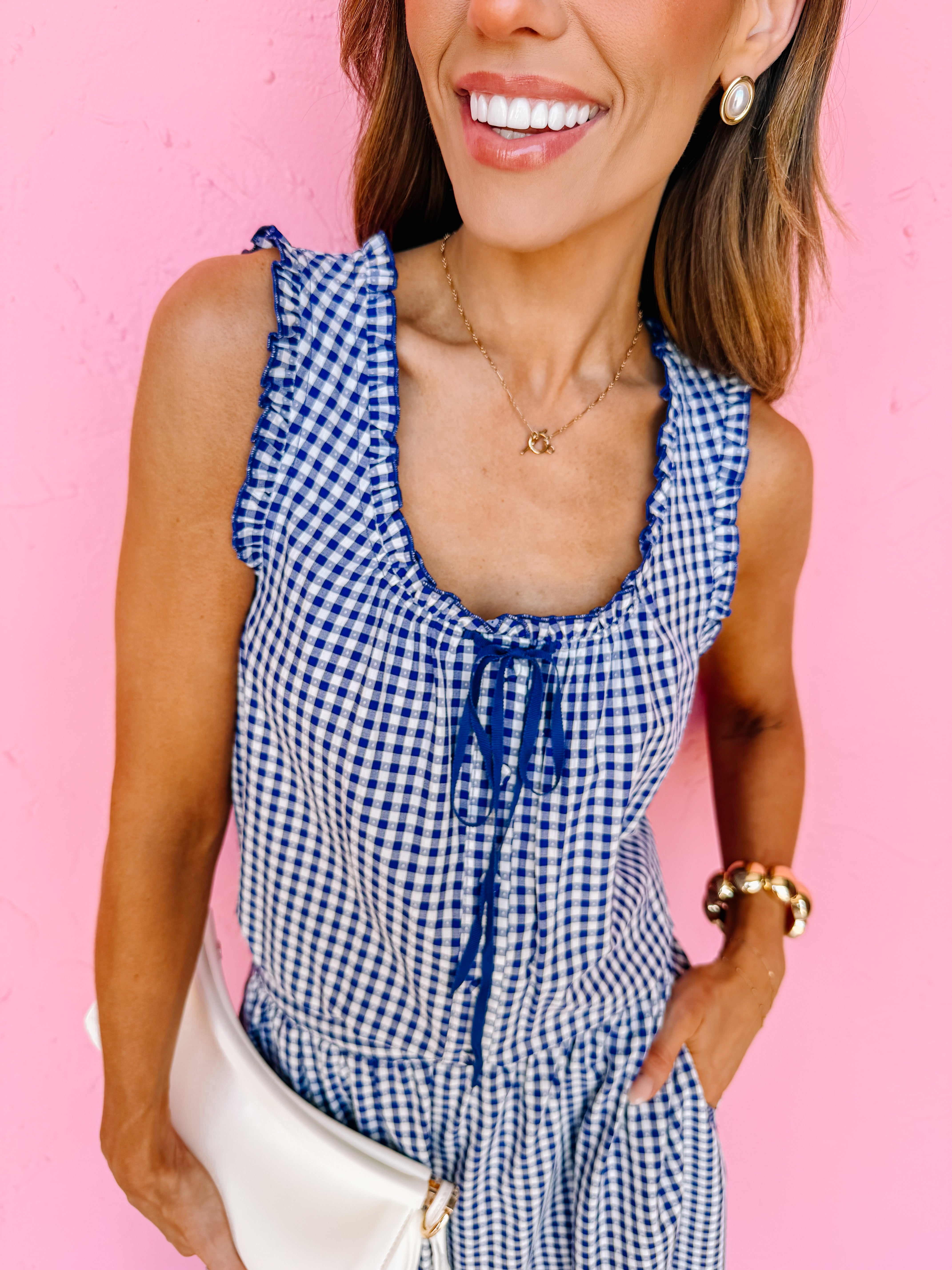 Elaina Button Front Gingham Top-Navy