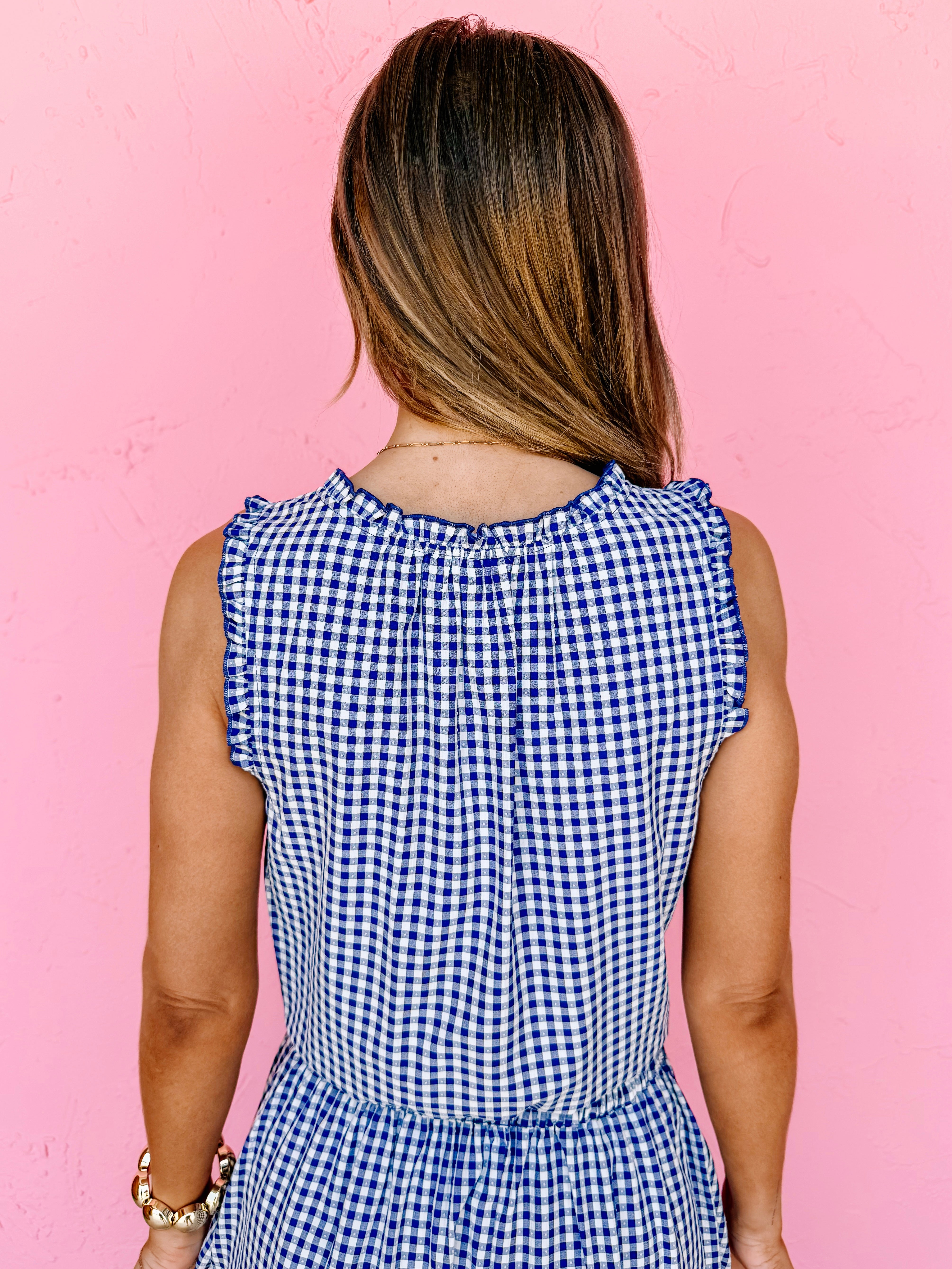 Elaina Button Front Gingham Top-Navy