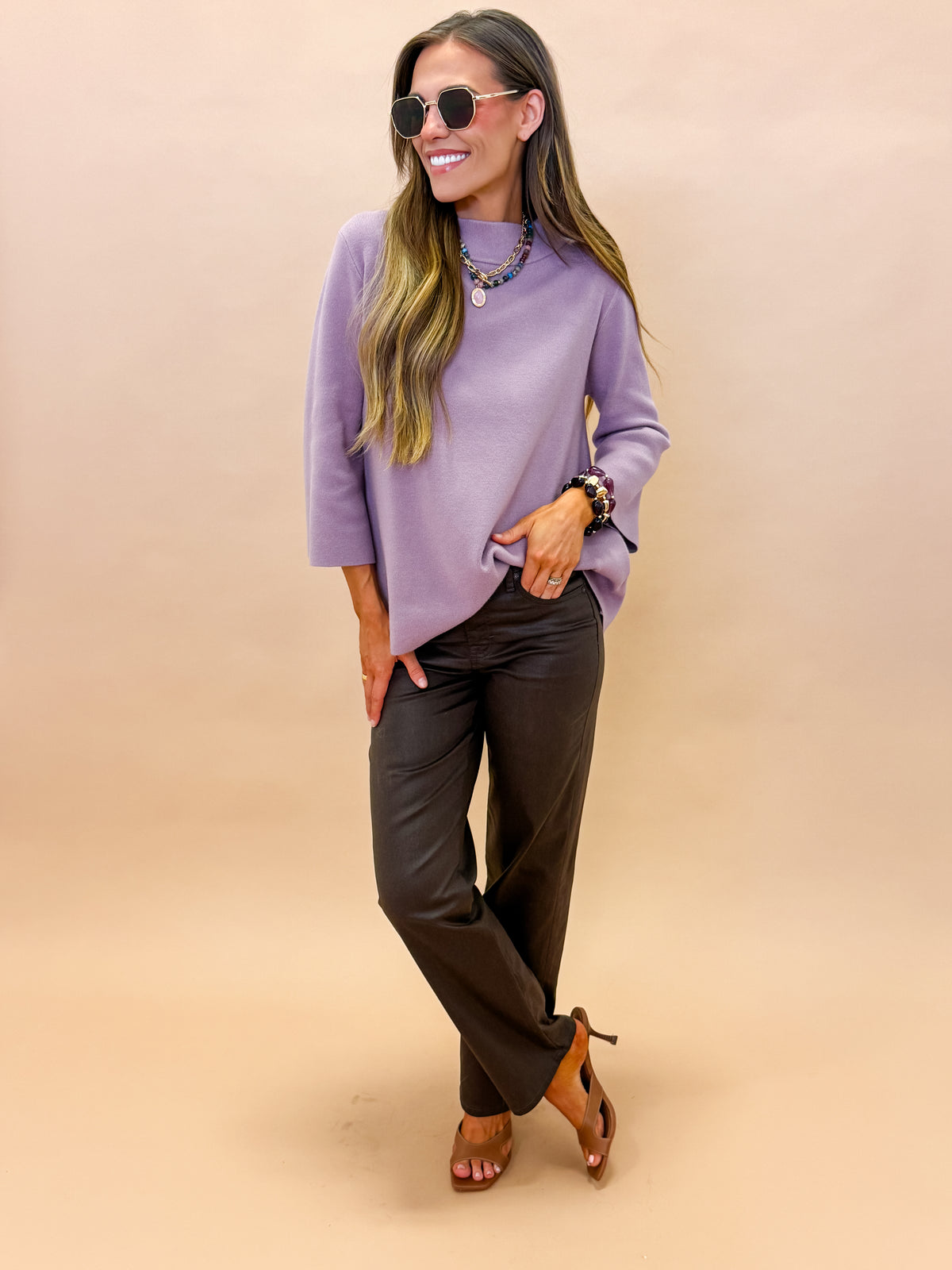 Ellen Mock Neck Bell Sleeve Sweater-Dusty Rose