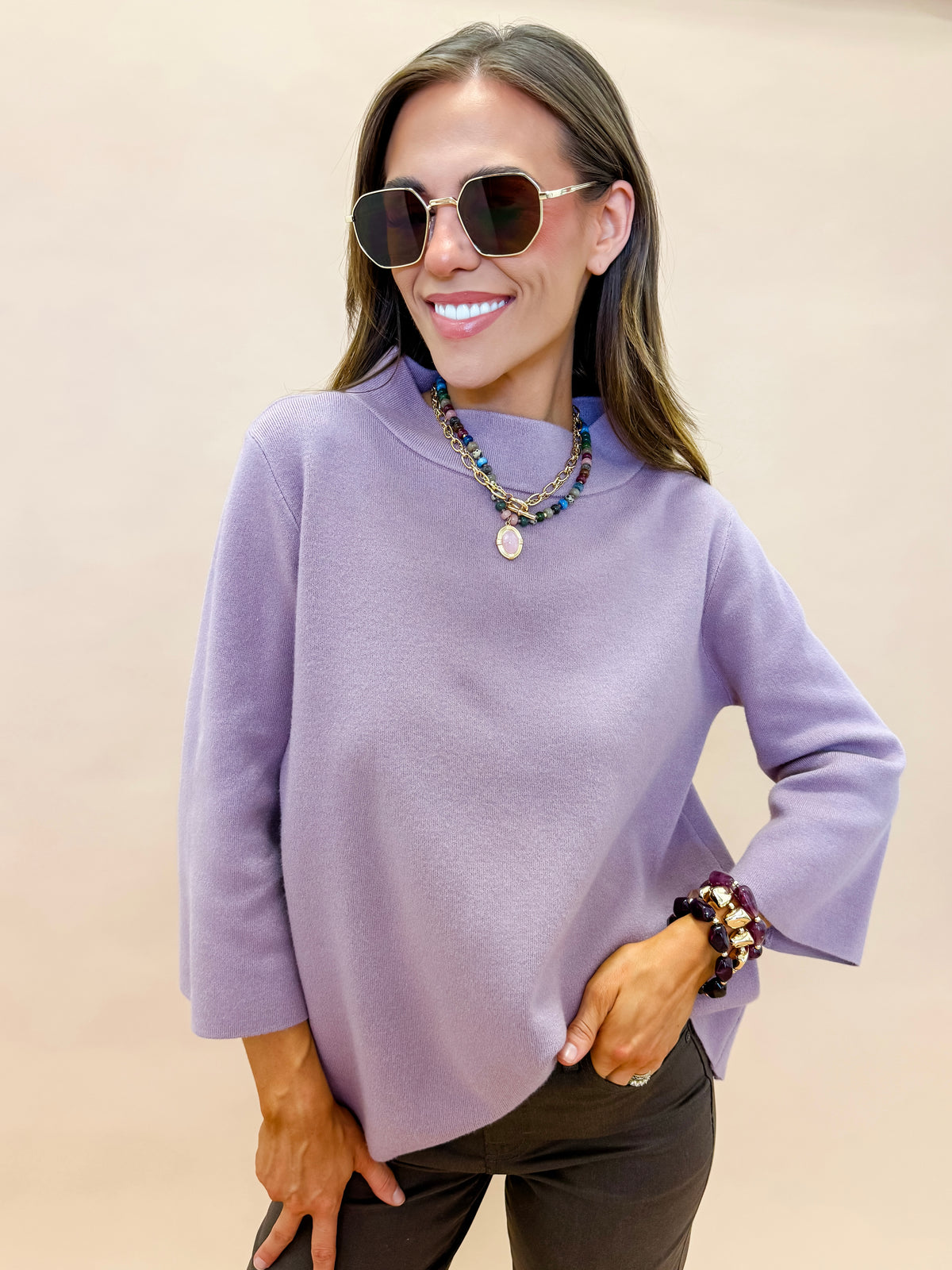 Ellen Mock Neck Bell Sleeve Sweater-Dusty Rose