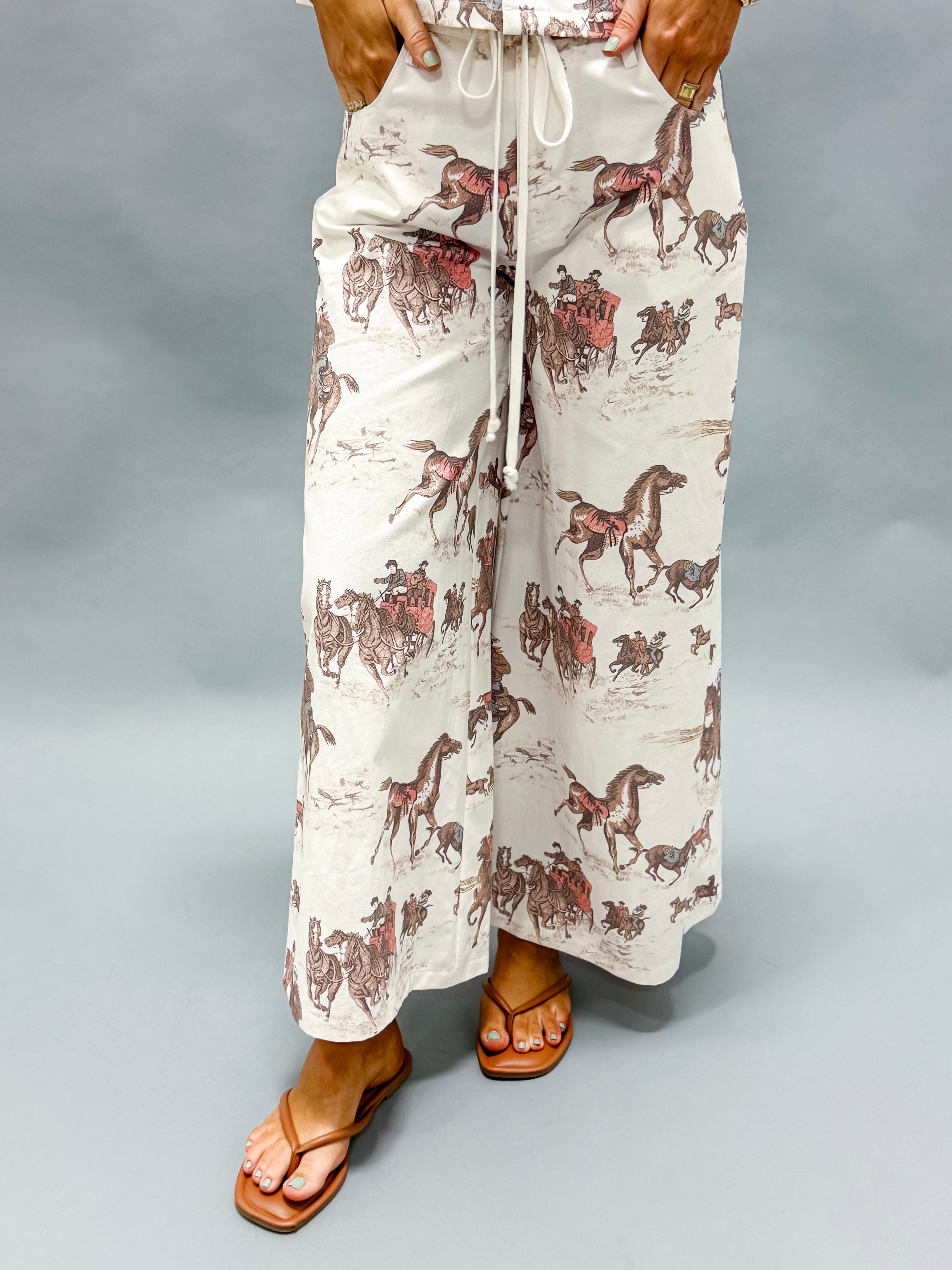 Emmeline Drawstring Horse Print Wide Leg Pants