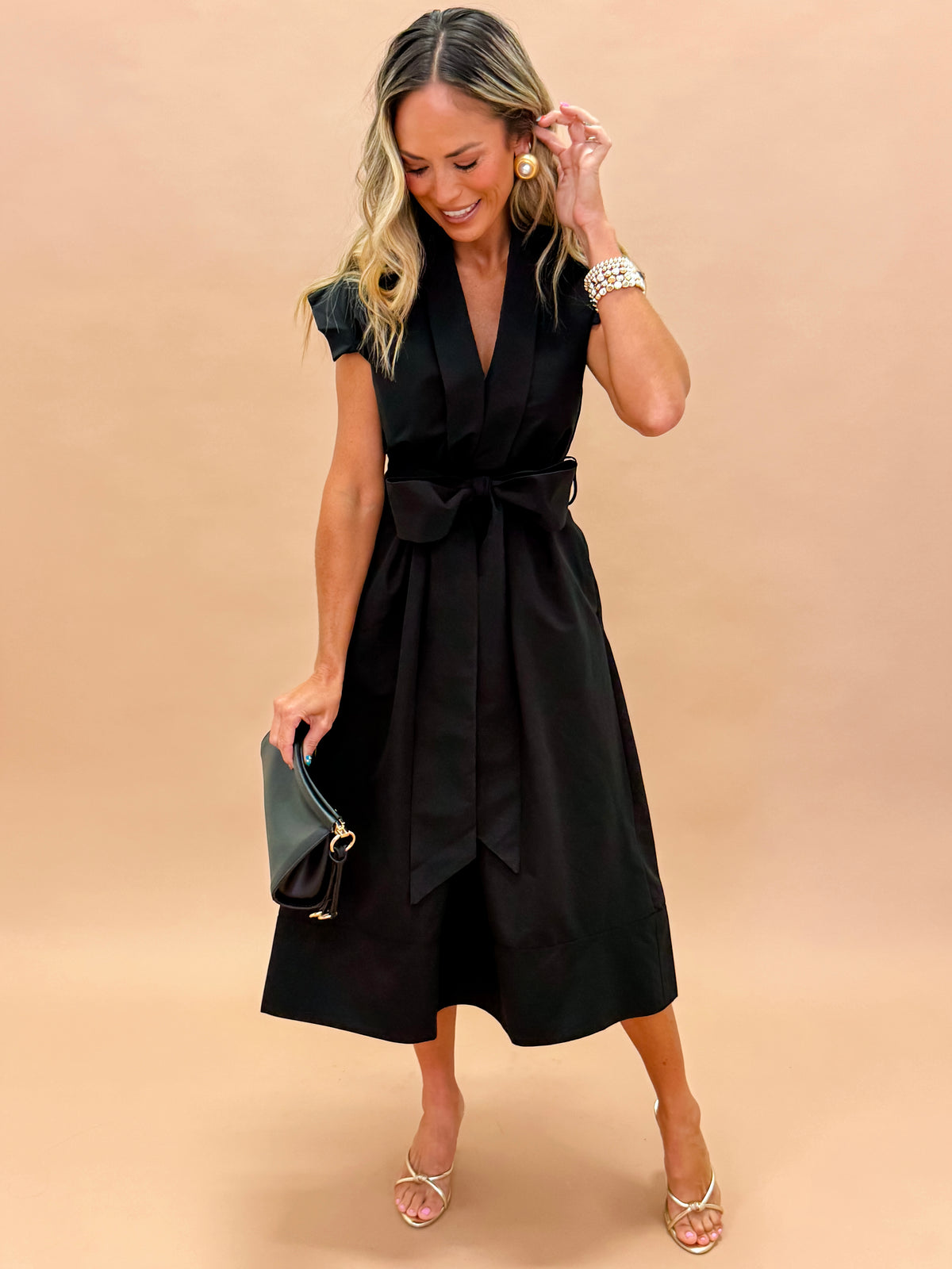 Erica Pleated V-neck Dress-Black