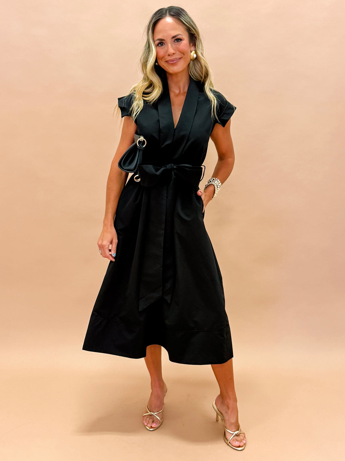 Erica Pleated V-neck Dress-Black
