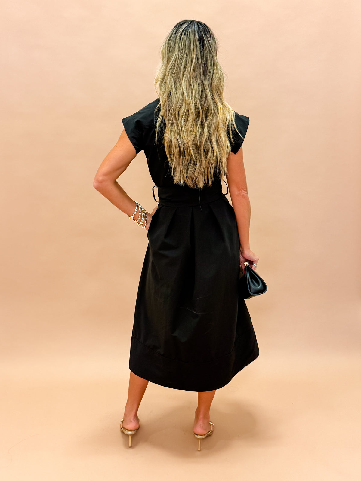 Erica Pleated V-neck Dress-Black