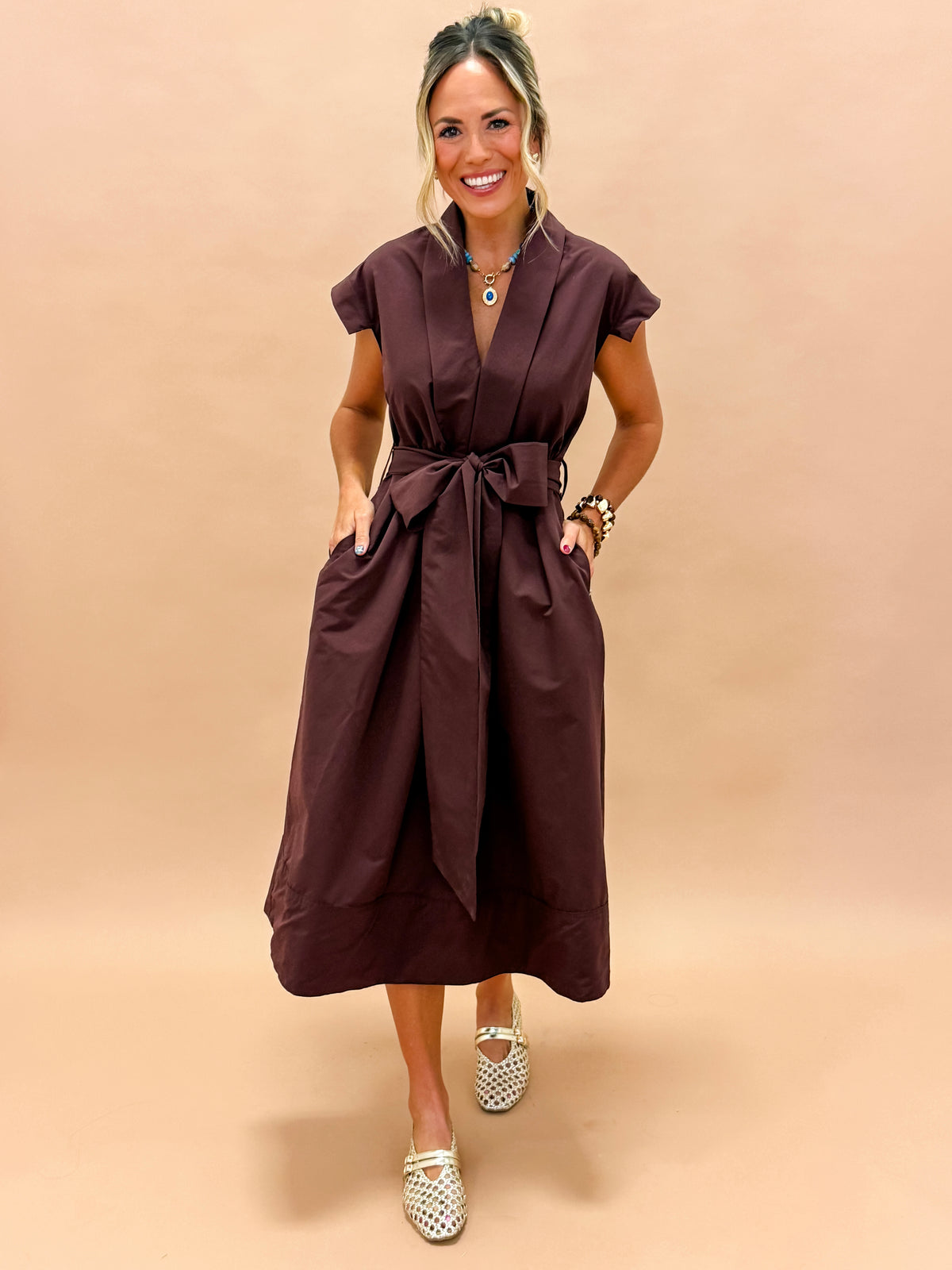 Erica Pleated V-neck Dress-Brown