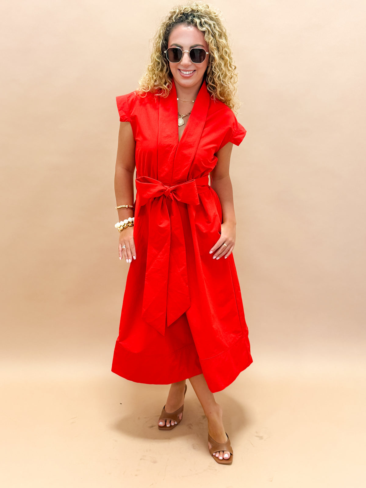 Erica Pleated V-neck Dress-Red