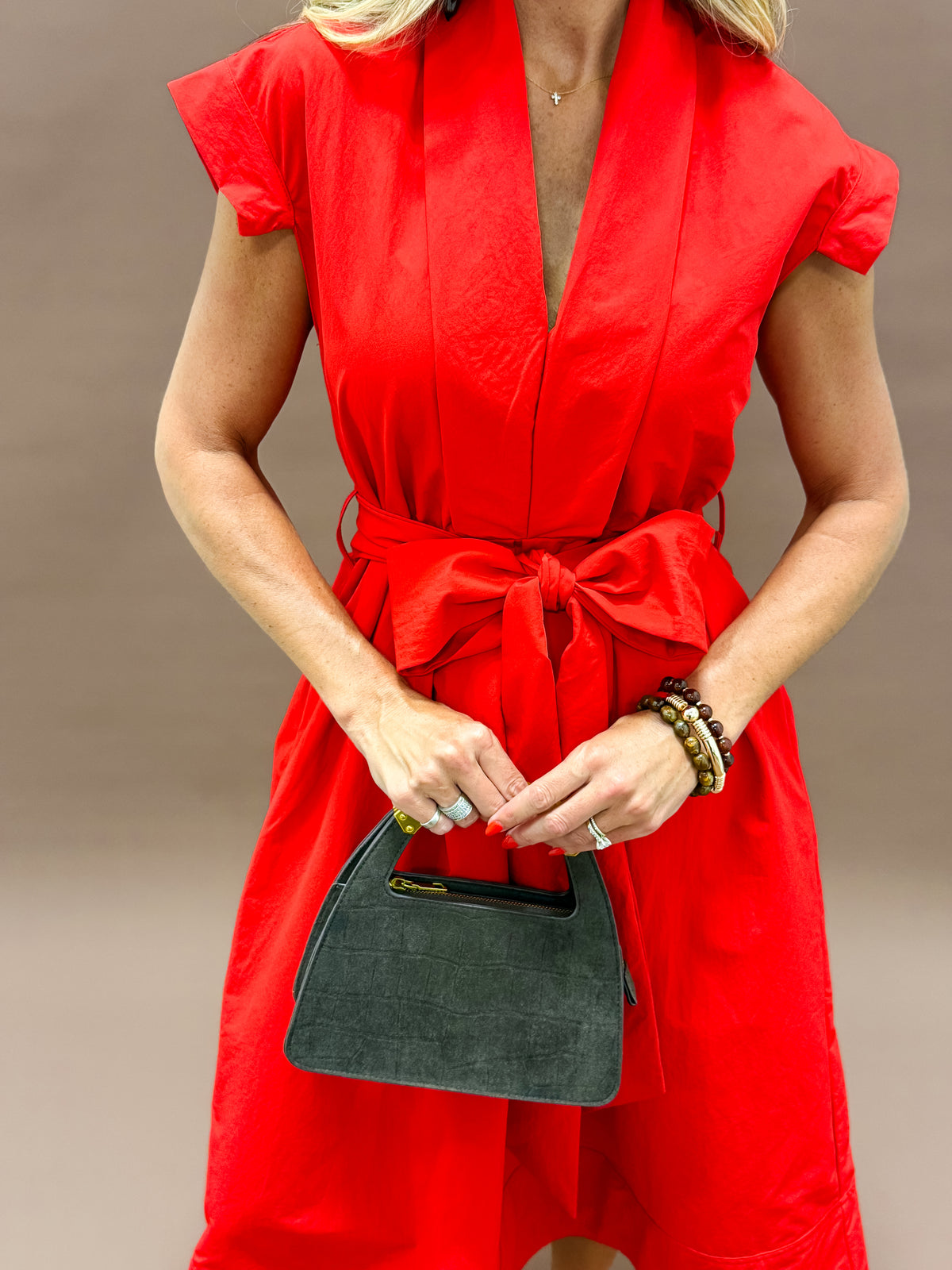 Erica Pleated V-neck Dress-Red