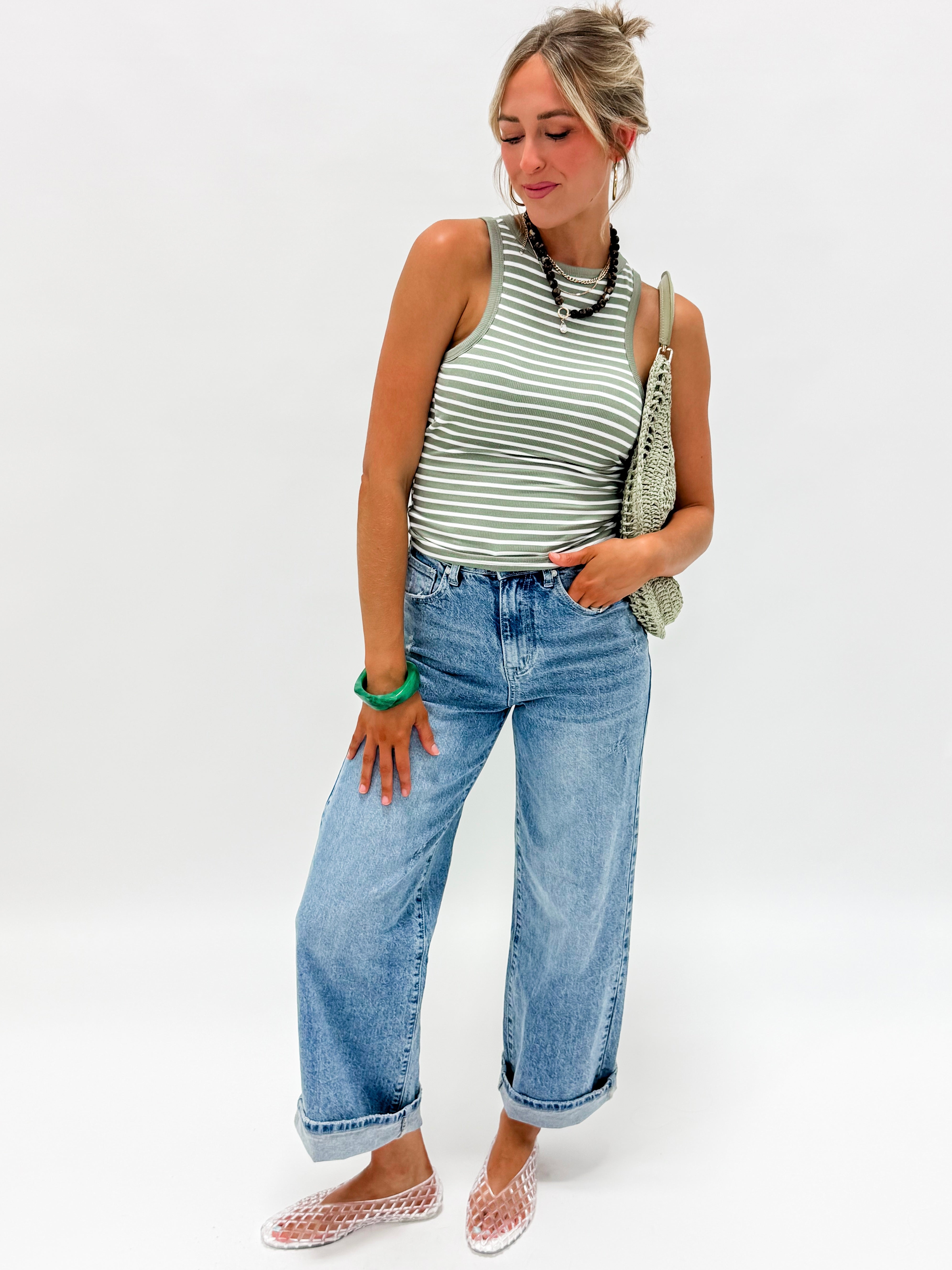 Eva Striped Crew Neck Tank Top-Green