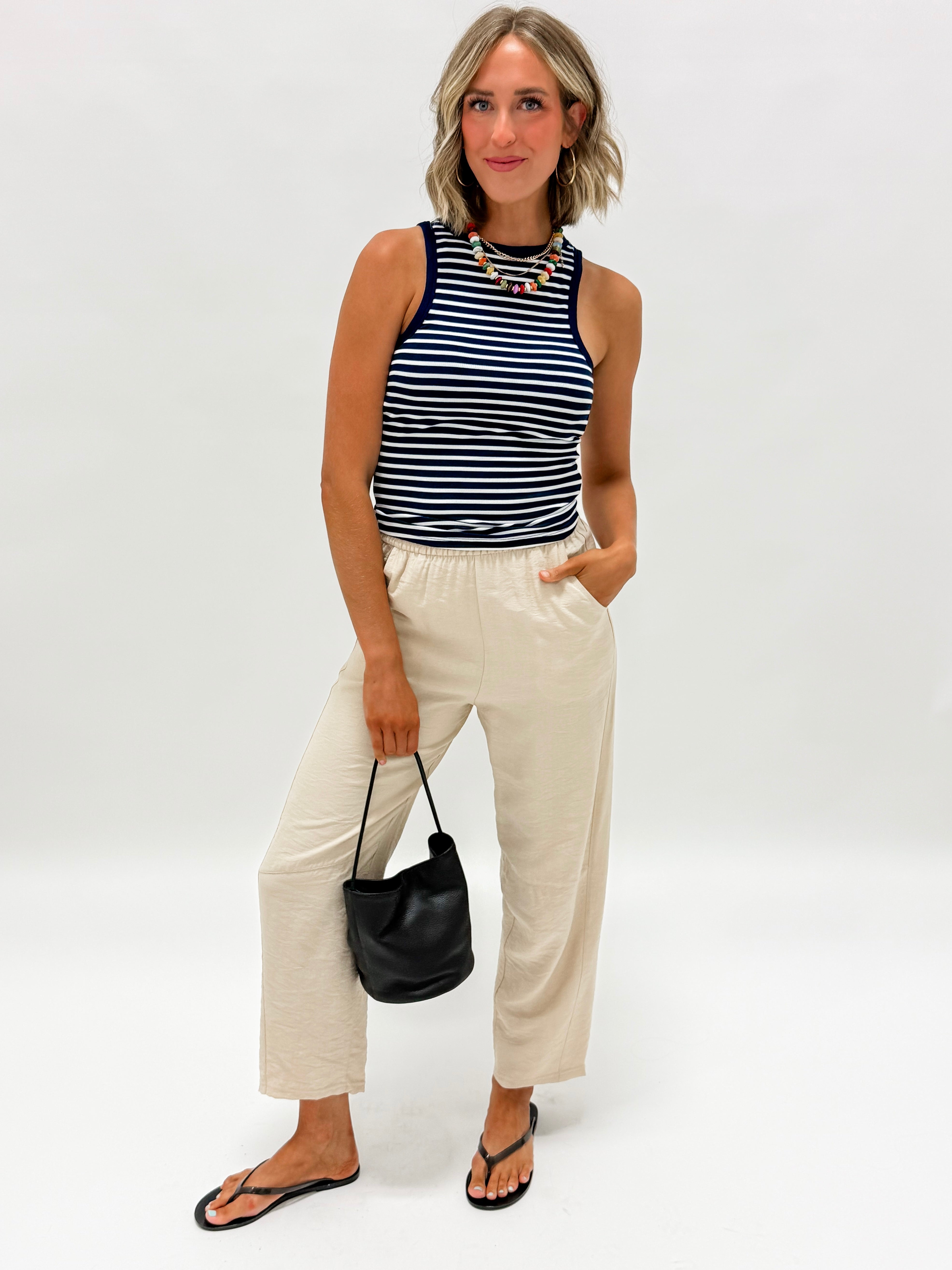 Eva Striped Crew Neck Tank Top-Navy