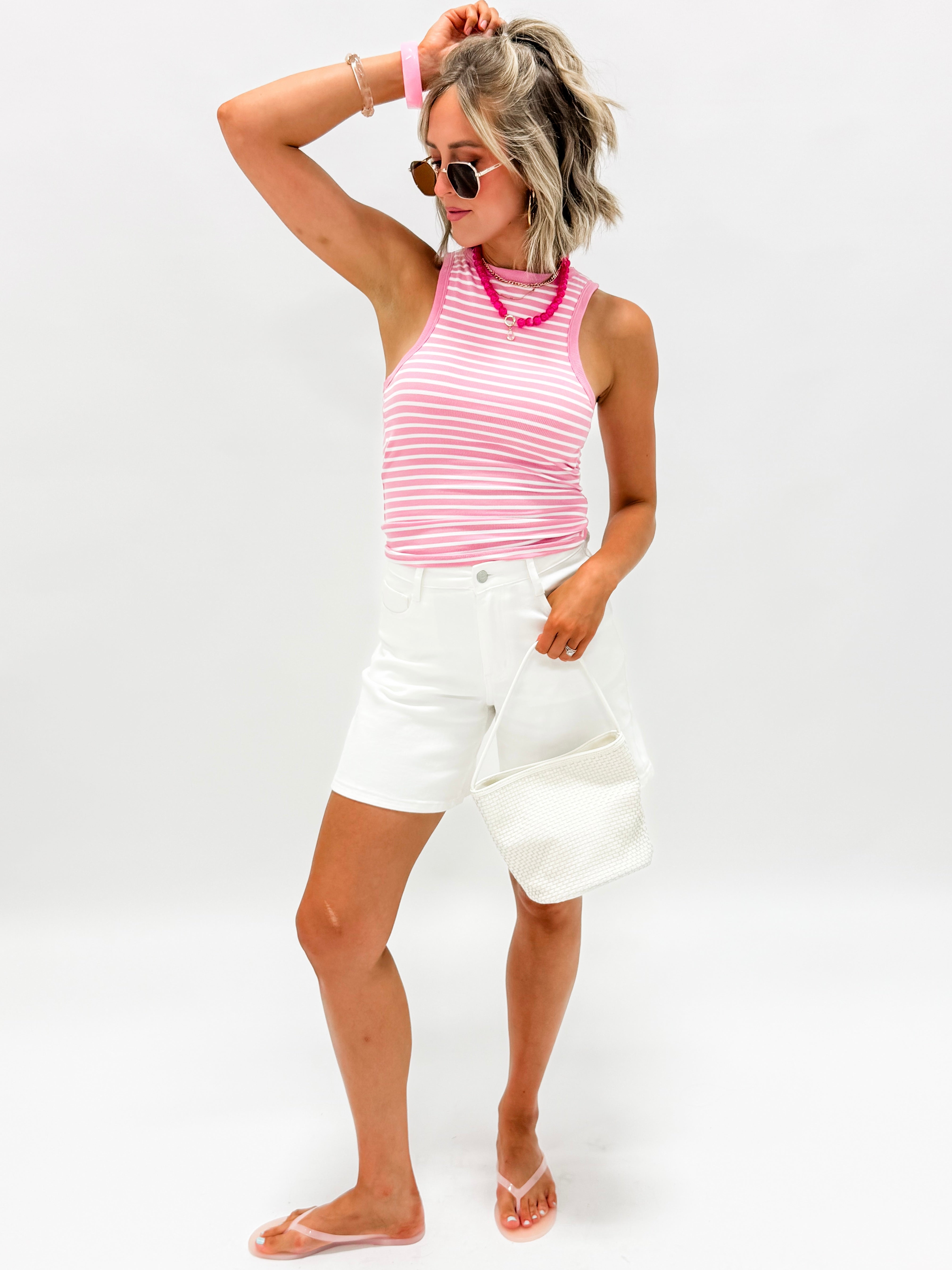 Eva Striped Crew Neck Tank Top-Pink