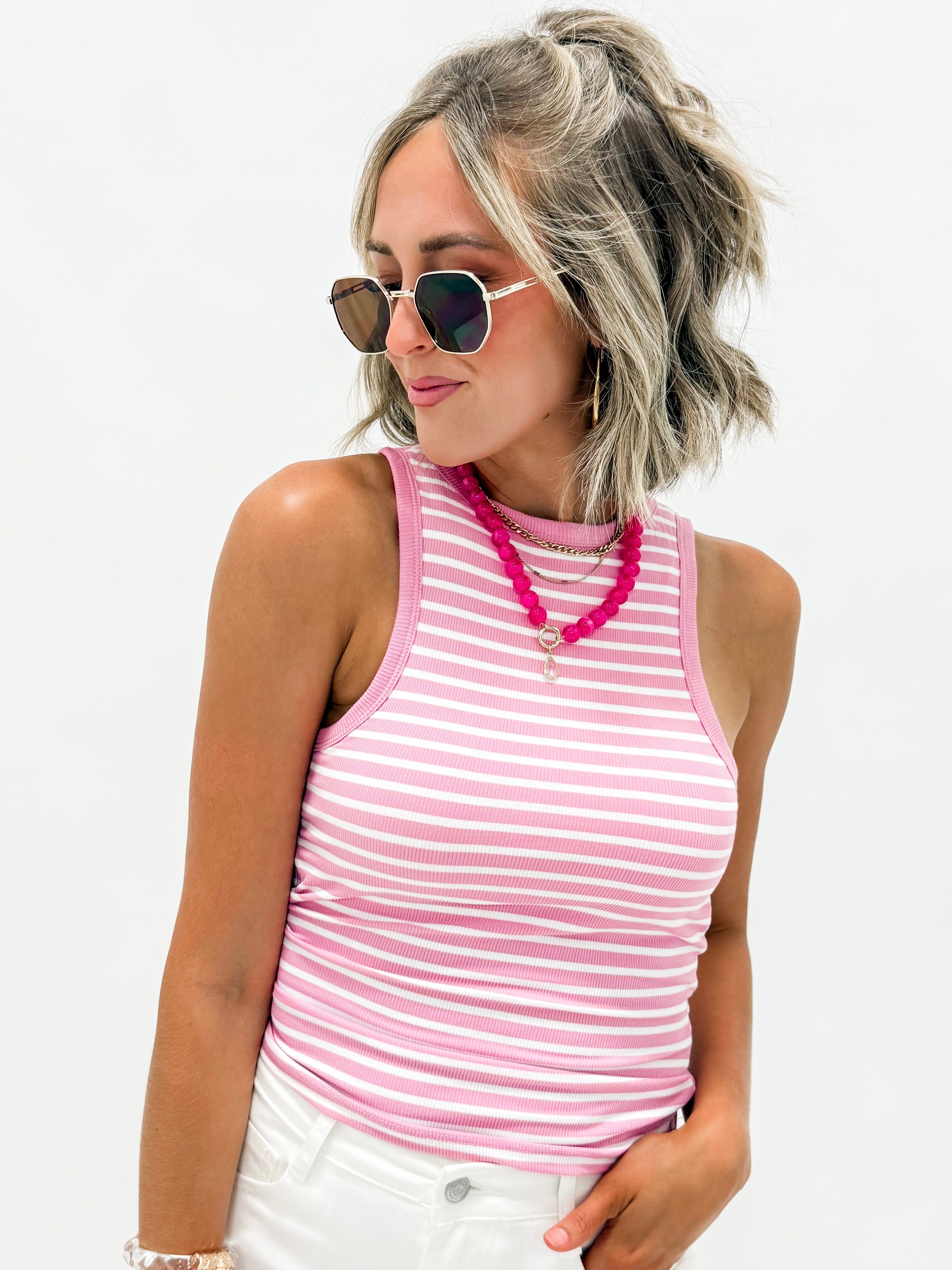 Eva Striped Crew Neck Tank Top-Pink