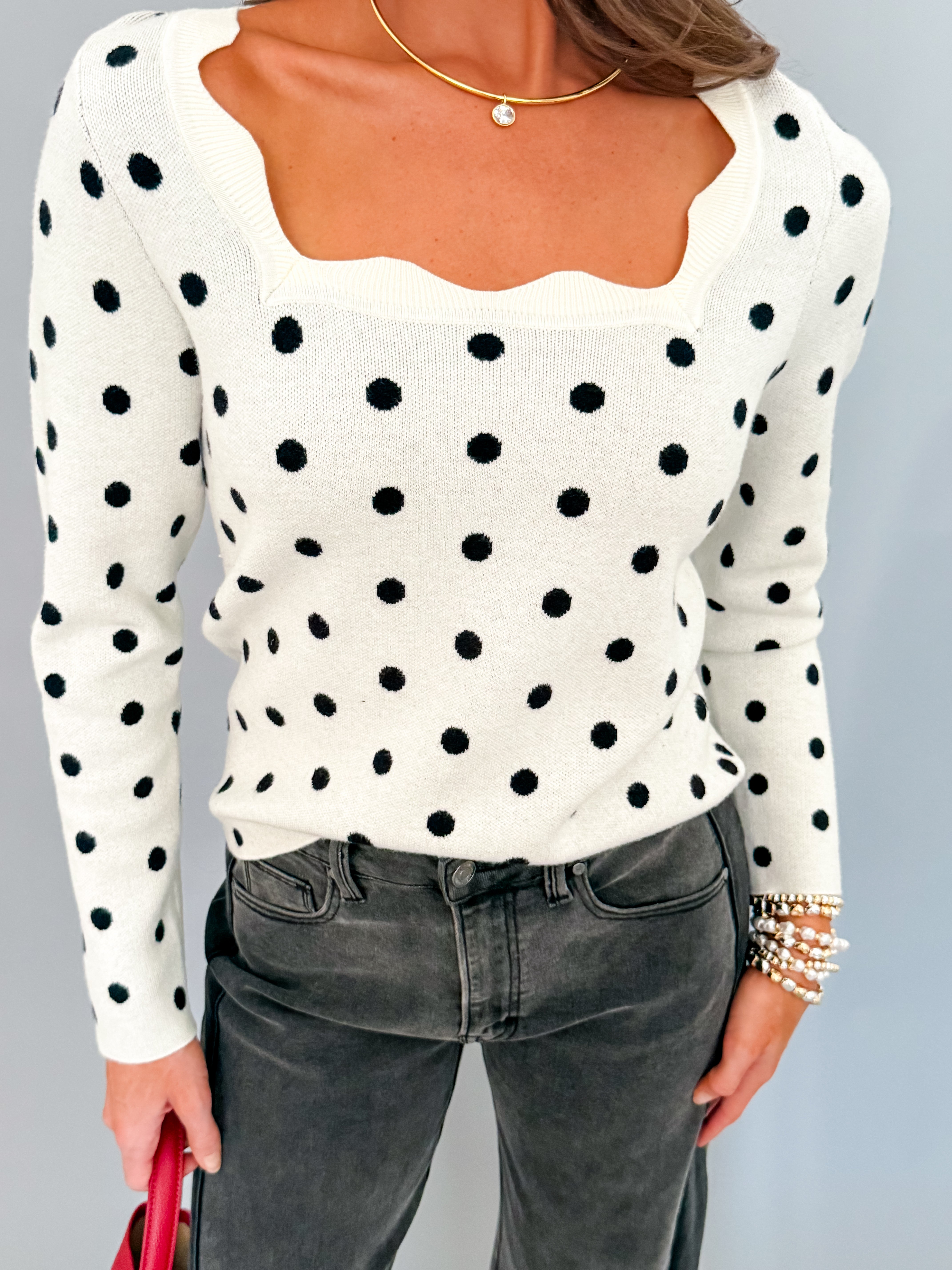 Evalynn Polka Dot Long Sleeve Top-Ivory