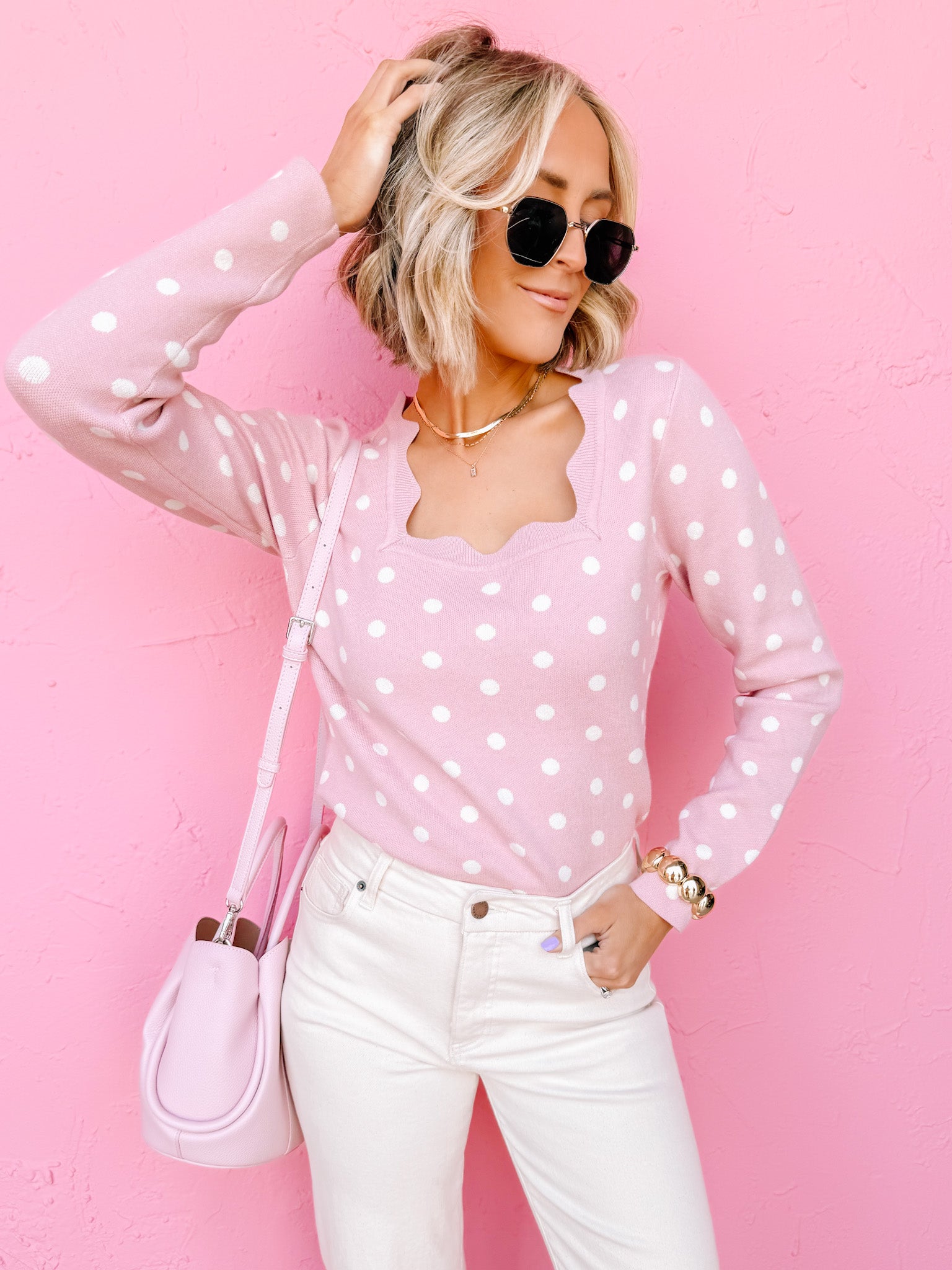 Evalynn Polka Dot Long Sleeve Top-Light Pink