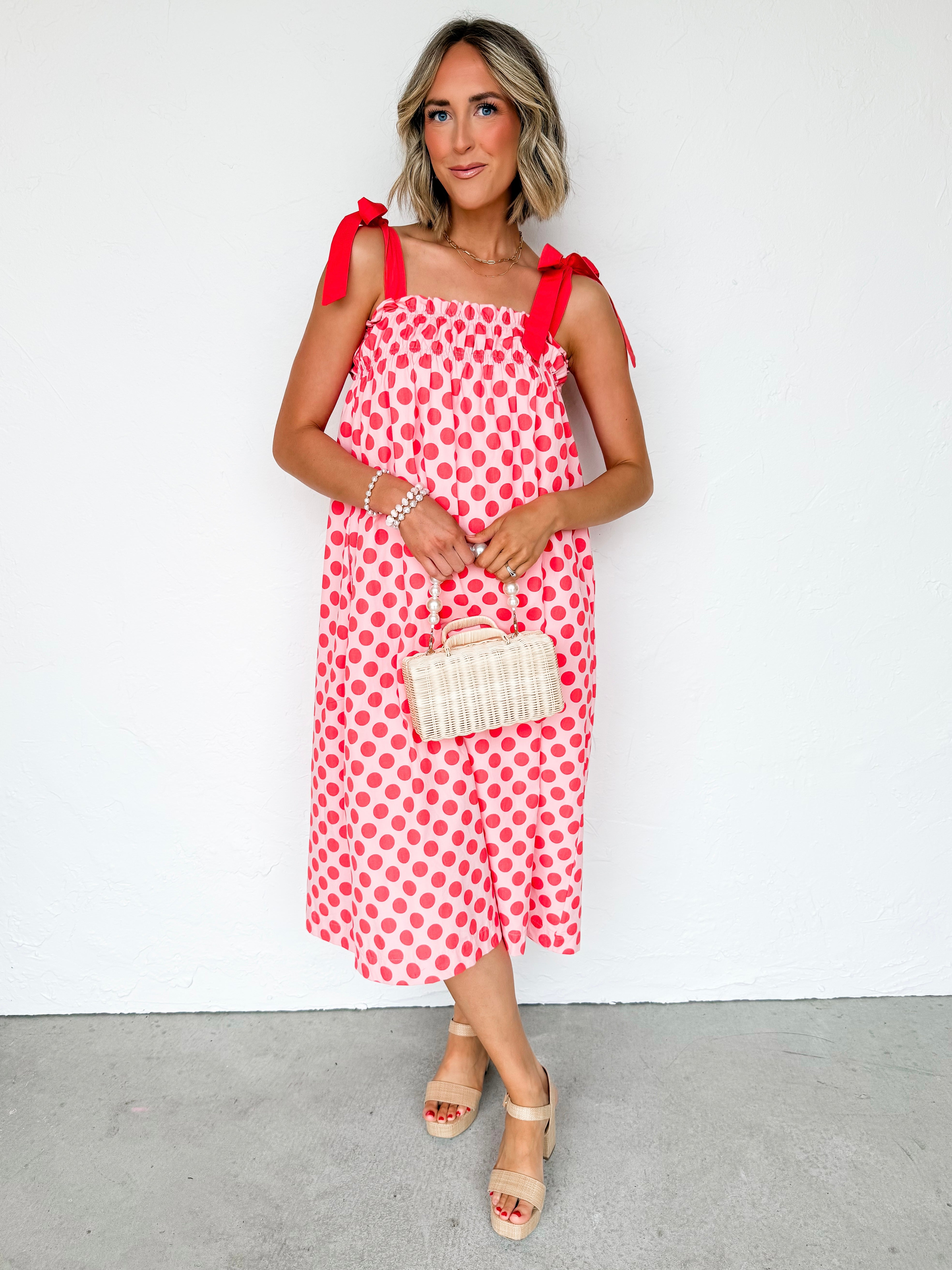Evette Smocked Detail Midi Dress-Pink