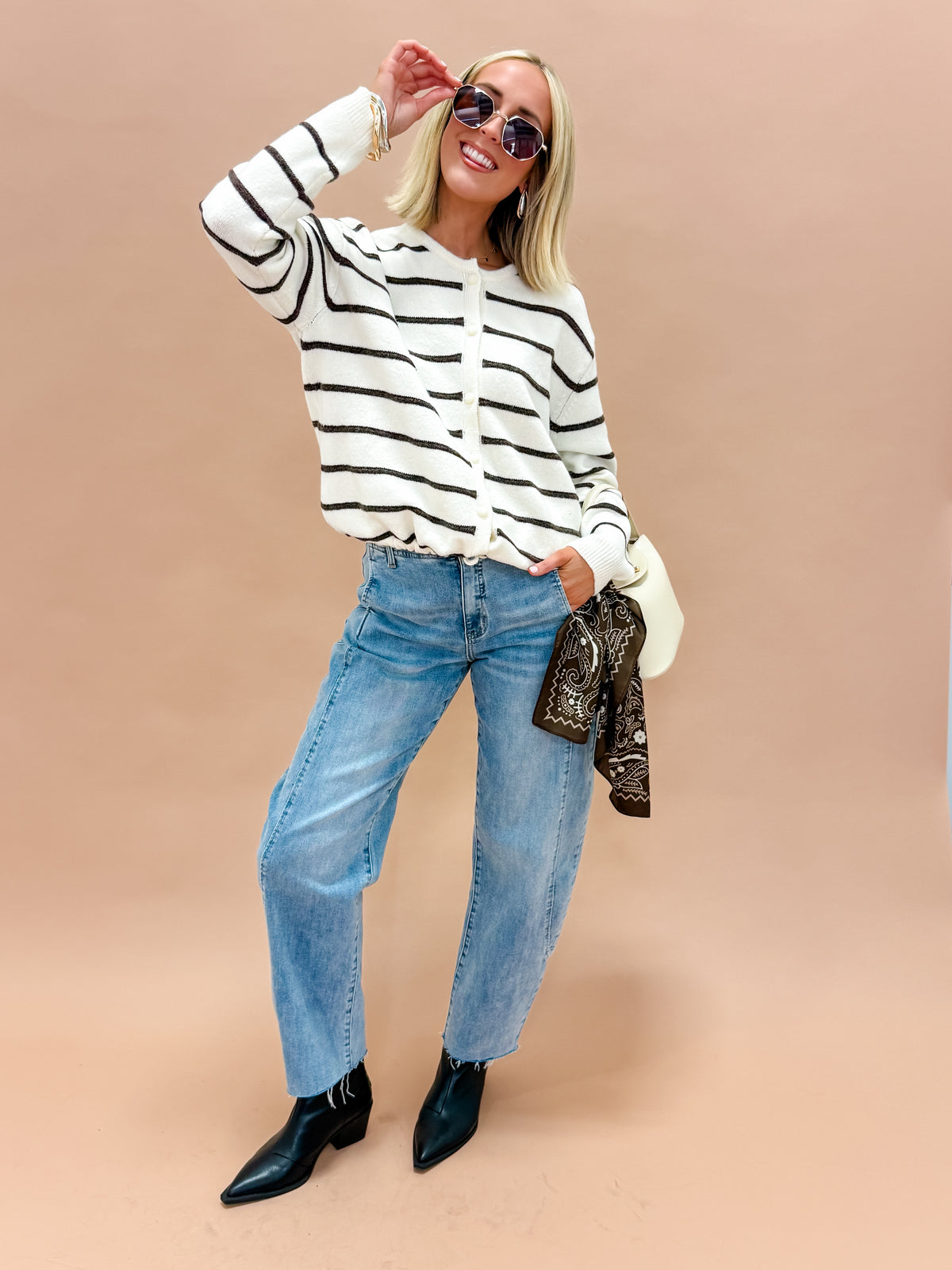 Fallon Striped Drawstring Hem Cardigan-Ivory/Brown