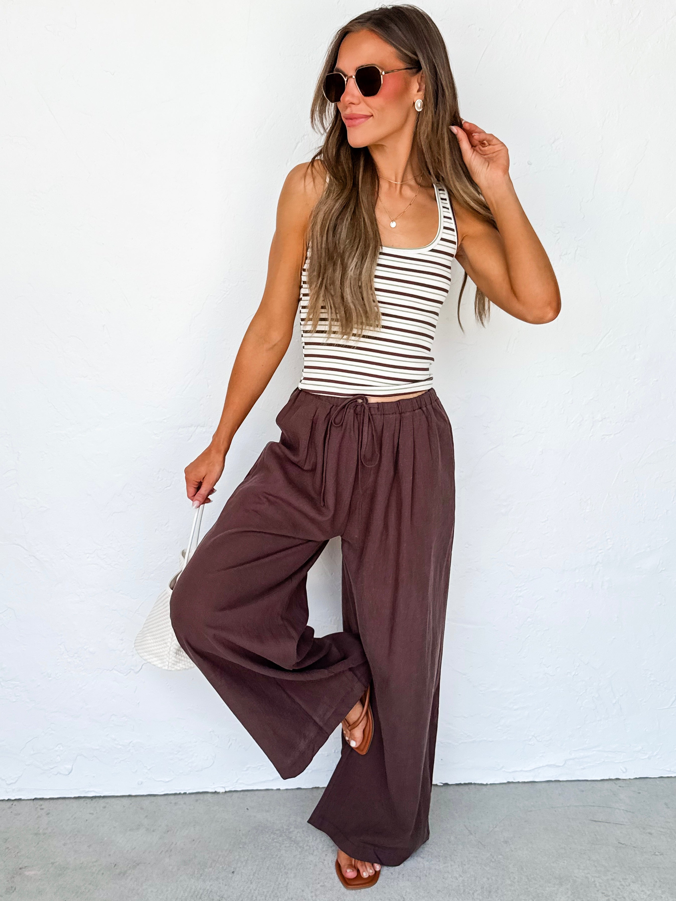 Finn Linen Drawstring Wide Leg Trousers-Brown