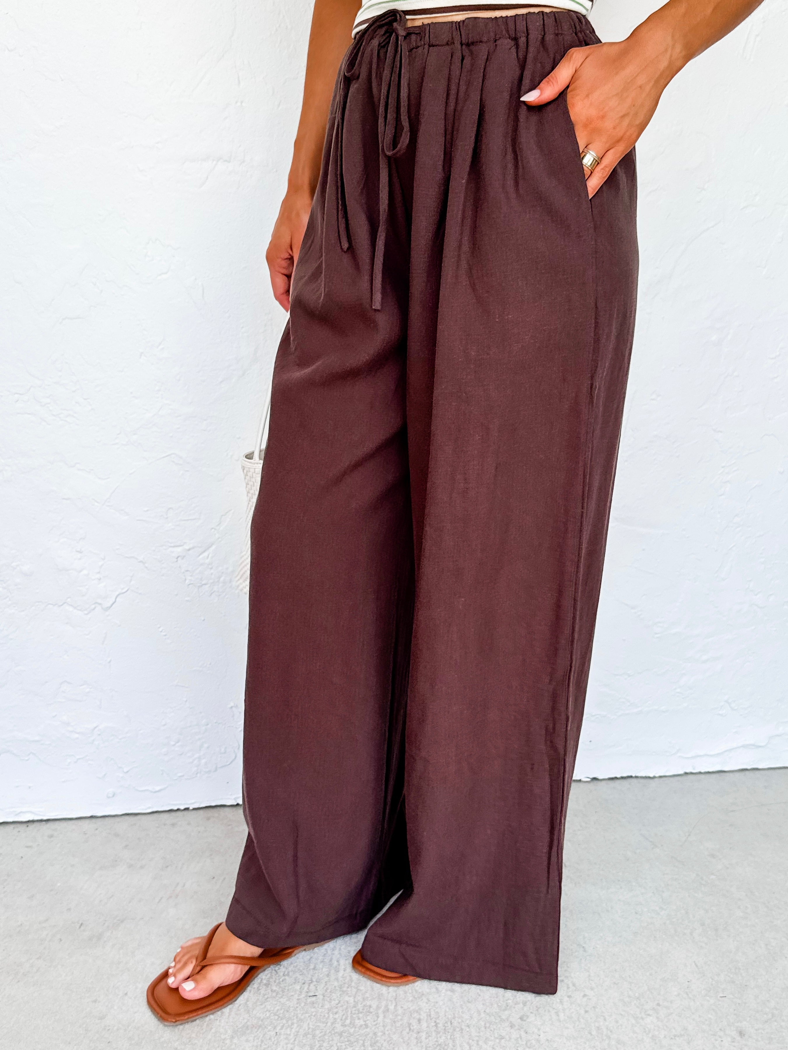 Finn Linen Drawstring Wide Leg Trousers-Brown