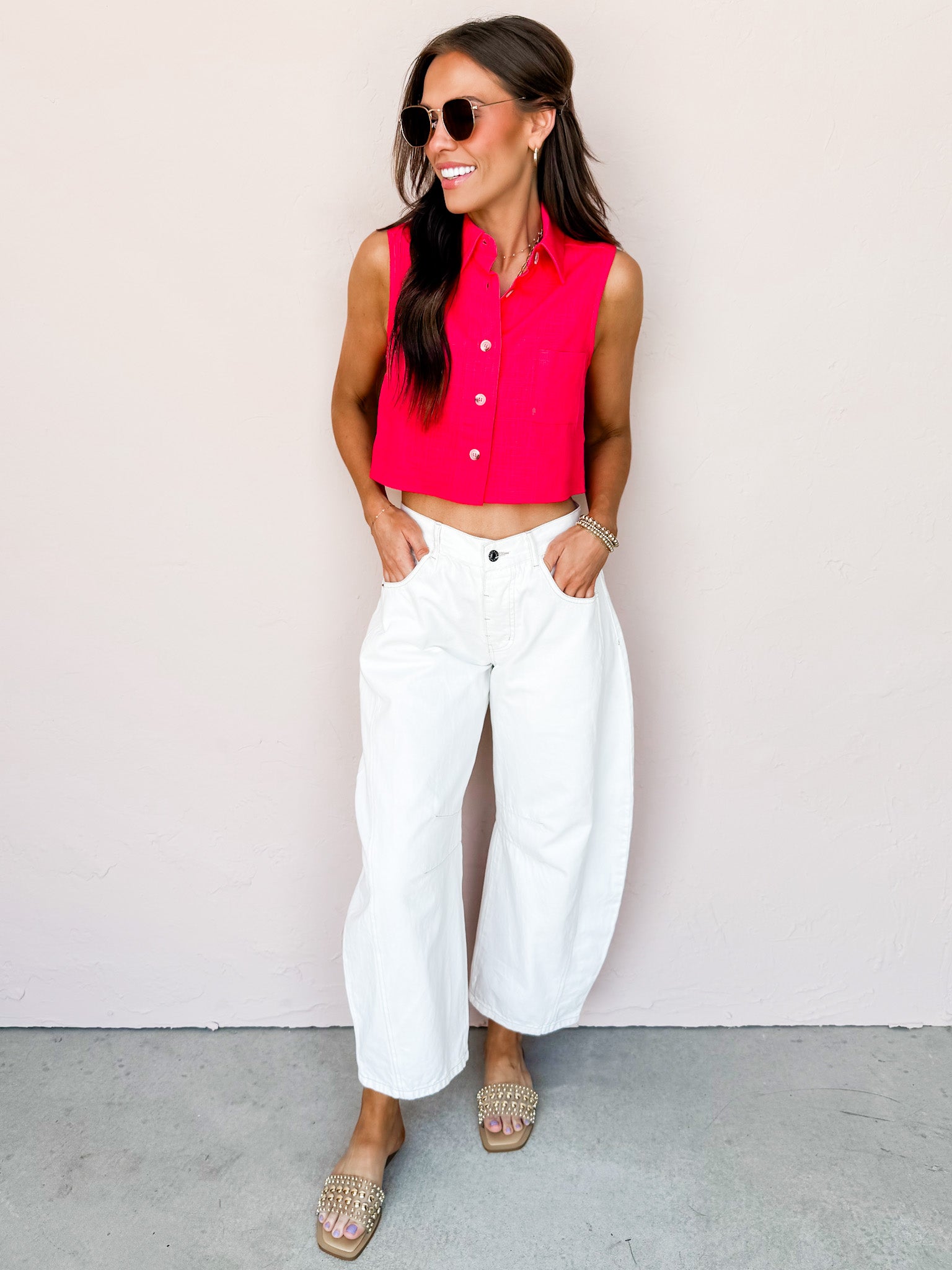 Firelight Cropped Button Front Sleeveless Top